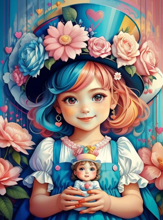 ((|) (cute  with pink top hat smiling, flowers and many hearts) stylized identical to 1940 |)), acolchoamento ,multidimensional geometric wall PORTRAIT, arte, Chibi,
Yang016K, lindo,(( Predominant red coloration ,azul e branco))
Primary works, qualidade superior, melhor qualidade, Arte Oficial, Beautiful and Aesthetic,),  Eduardo Kobra acolchoamento ,multidimensional geometric wall PORTRAIT, arte, Chibo,detalhes