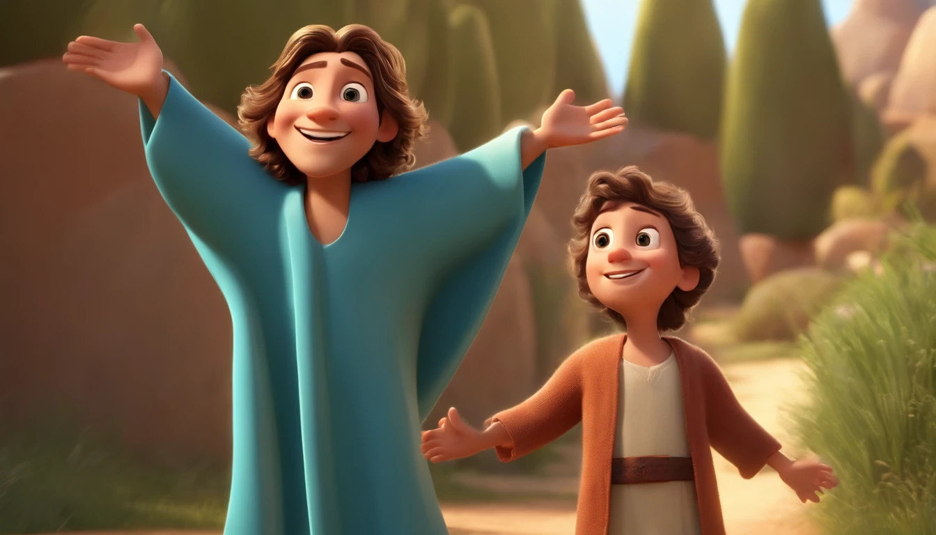 A happy boy of Jesus Christ with hair standing on end fulfilled, fundo branco, barnet, Tom, Estilo Pixar, ..3d, desenhos animados, rosto detalhado, asymmetrical 16k