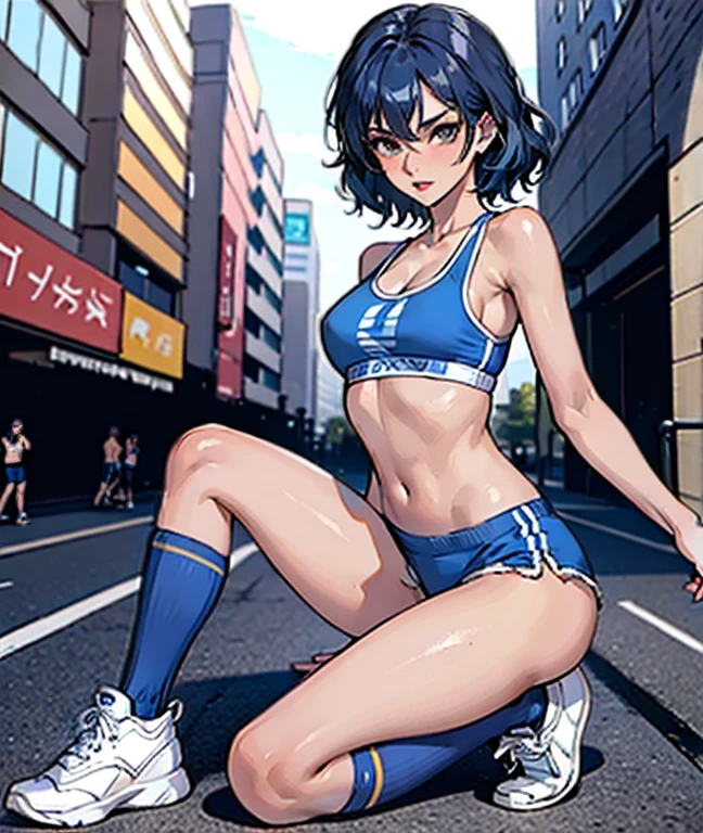 Sexy 25 year old woman, short blue hair, sports bra and shorts, tiny shorts, boyshorts, spandex shorts, short shorts, knee high socks, below the knee socks, athletic stripe (socks), sneakers,shoes, sneakers, standing, posing for photo, flirty, full body, crowded city street, good quality, 4k, masterpiece, pin-up