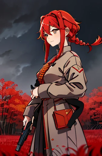 fluffy hair,Red hair,((Braided shorthair)),Slightly red tide,((Gold eyes)),(gloomy rainy meadow),((rifle or handgun)),(Rainy meadow with a warm and modern atmosphere),((Meiji period~Showa era soldier)),(Black military uniform),Staring at me,Smile with a kind face,(((full bodyesbian))), ((drooing eyes))