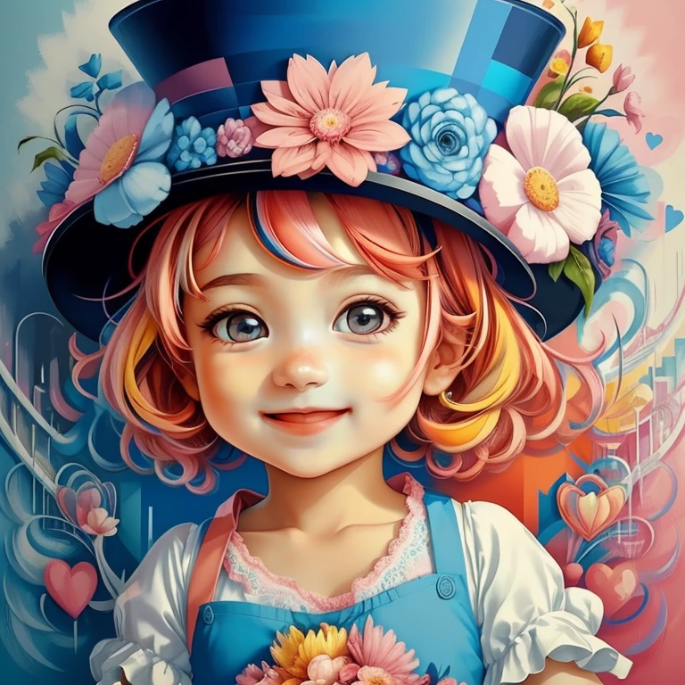 ((|) (cute baby girl with pink top hat smiling, flowers and lot of hearts) stylized identical to 1940 |)), acolchoamento ,multidimensional geometric wall PORTRAIT, arte, Chibi,
Yang016K, lindo,(( Predominant red coloration ,azul e branco))
Primary works, qualidade superior, melhor qualidade, Arte Oficial, Beautiful and Aesthetic,),  Eduardo Kobra acolchoamento ,multidimensional geometric wall PORTRAIT, arte, Chibo,detalhes