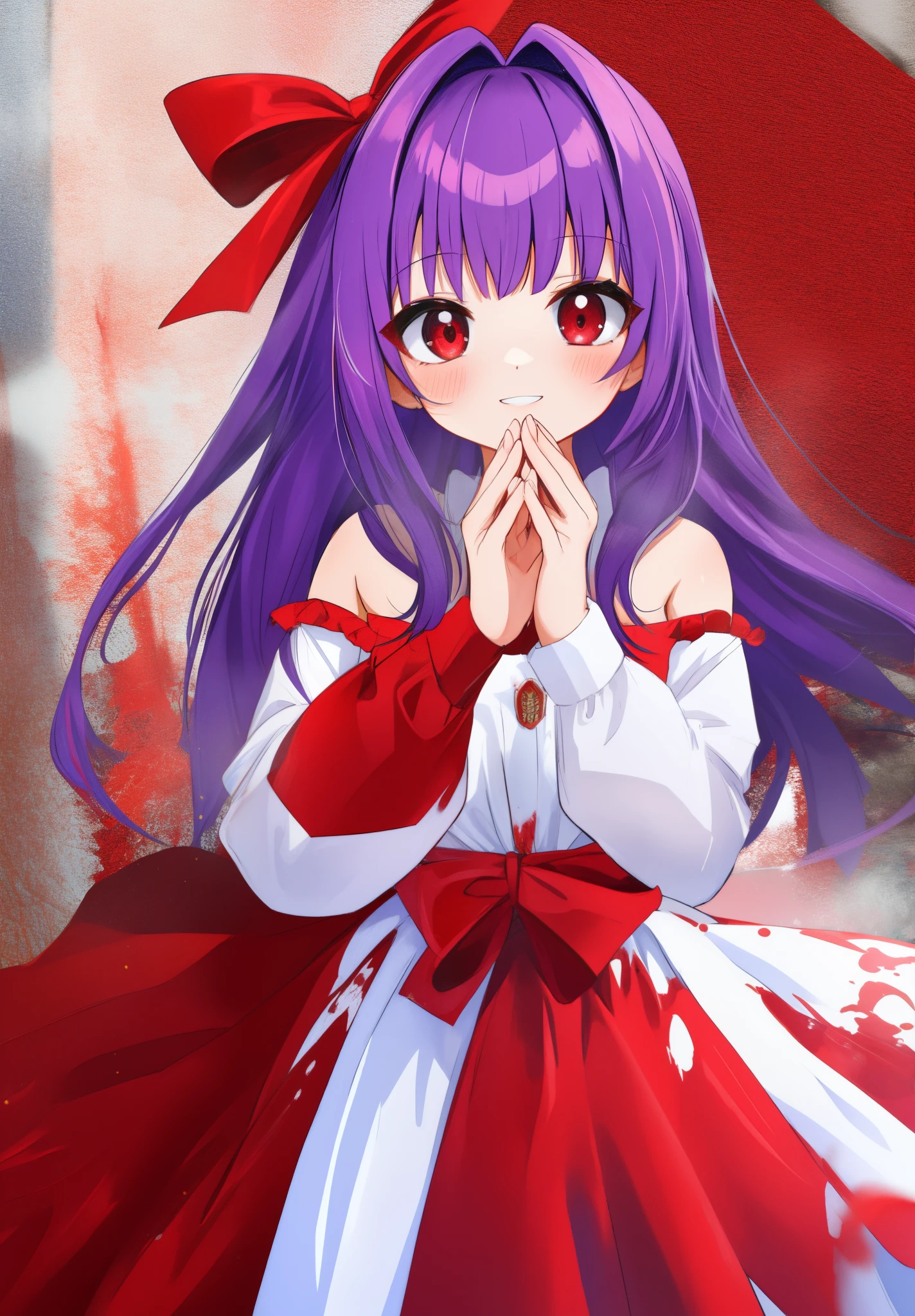 red bow in the hair, Girl, purple hair, red and white dress, Holes for Eyes, red eyes, Horror, bloody hands ,bloods, blood splash, 1girl, solo,