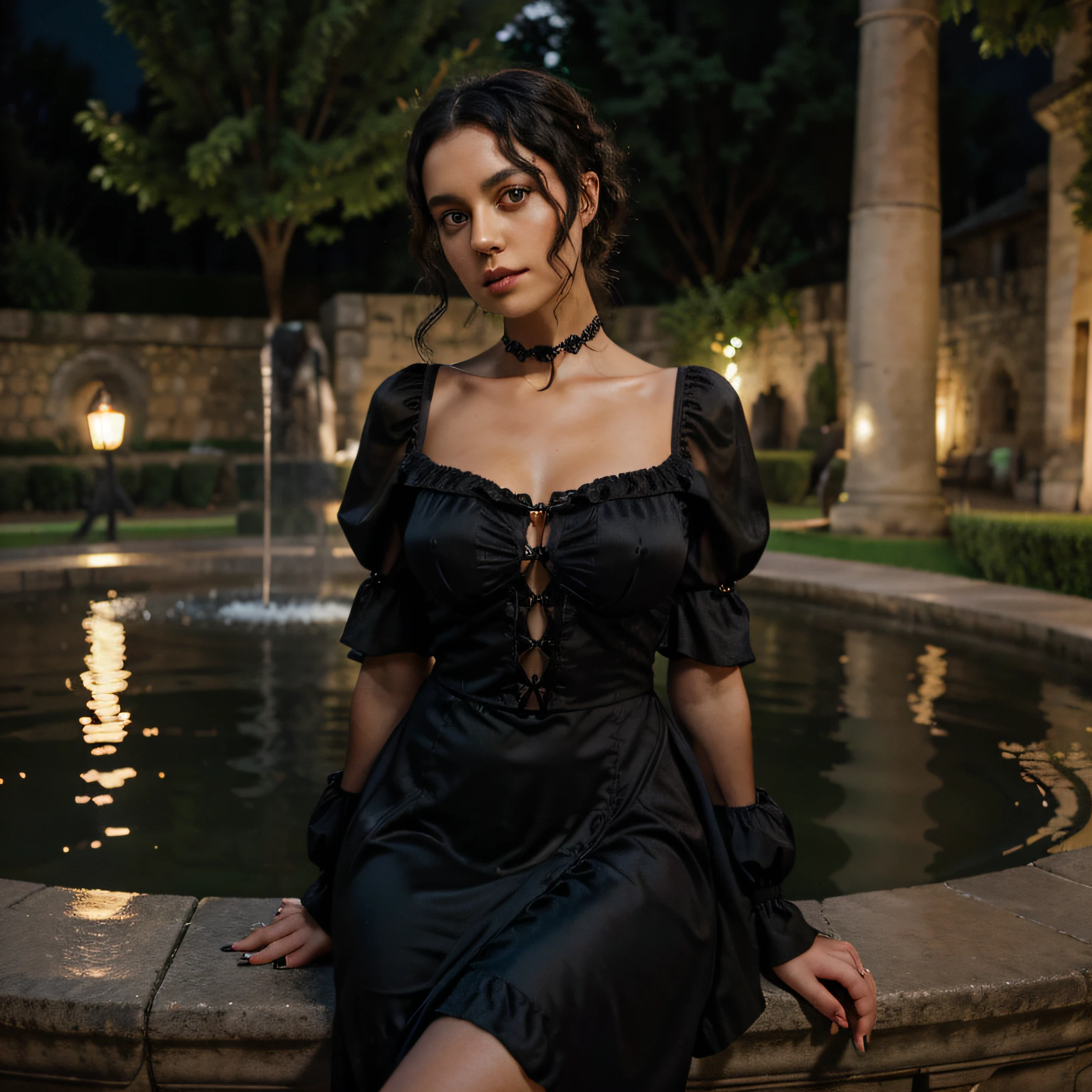handsome girl, black short curly hair, Dark big eyes, Gothic style silk dress, steampunk style, gracefully fits her gorgeous figure. Girl sitting near the fountain, such a place, like Provence in France, night time, Soft light lanterns. Highest Quality, high detail, hyper realisitc, Hyperreal photo of, cinematic quality, high detail, Raw