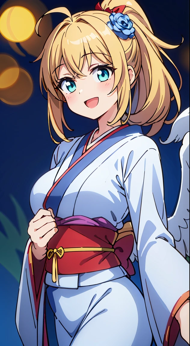 (masutepiece, of the highest quality, Best Quality, Official art, Beautiful and aesthetic:1.2), Ultra-detailed, Intricate details, marvelous illustration, Award-winning art, Atmospheric,
BREAK,



1 beautiful girl, girl with, (Cute:1.5),(Chibi:0.5),(kawaii:2.0),(Lori:2.0),(12 year old girl),(large full breasts:1.65),(Ahoge,High Ponytail,Blonde hair, blue bow, Green eyes,eyebrows visible through hair,side locks,Parted bangs,Long hair, Hair Flower, Hair Ornament, Big ribbon in the hair, Curly hair,Bow:1.4),:D,(Angel,White feathers, one white winged, Angel wings,Spread wings, Glowing wings),pitt \(Kid Icarus\),gleaming skin, Clear skin, shining beautiful skin, Open mouth,Smile, Solo, tusk, Upper teeth,(long eyelashes, Double eyelids:1.2),Solo,gleaming skin, Clear skin, Beautiful skin,(best quality face),(Top quality glowing eyes),(The best smile,Doya face:1.45), BREAK,
(Kimono with intricate embroidery:1.2), (Highly detailed beautiful Japanese dance costume, Heavenly maiden costume, Heavenly Woman's Robe:1.5), [(light green costume:1.2):(White costume:1.2):0.3], (Beautiful long hair:1.3), Glossy hair, Shiny hair,hairs between eyes, (Blue eyes:1.2), Narrow eyes, Dance of the Angels, kanzashi, wisteria, Heavenly daughter,
BREAK,
(Walking:1.3),(up hairstyle:1.5),(breathe into my hands:1.5),
BREAK,
(blush:1.3),(Smile:1.3),Open mouth,
BREAK,
,(Voluptuous body:1.2),(from behind:0.9),

BREAK,

natta, Lakeside, White Moon, water lily, (Geofront:1.3), (Spectacular views, amazing view:1.3),

BREAK,
Dynamic Angle,(makeup:1.1),
BREAK,
( Pale light color:1.3),(Realistic:0.9),(Midnight:1.5),(Dark background:1.3),(Bokeh:1.6),depth of fields,

 BREAK,wakame,wakame,wakame,(Cowboy Shot:1.4), 

BREAK,(Blurry background:1.3),(absurderes, hight resolution, Super Detail Art),cel shading,Clear Color, Lonely optical effect, Beautiful pictures, Bright glow, mystic atmosphere,(Close-up of girl:1.1), Mystical light particle effect,manga influence, clean line drawings,