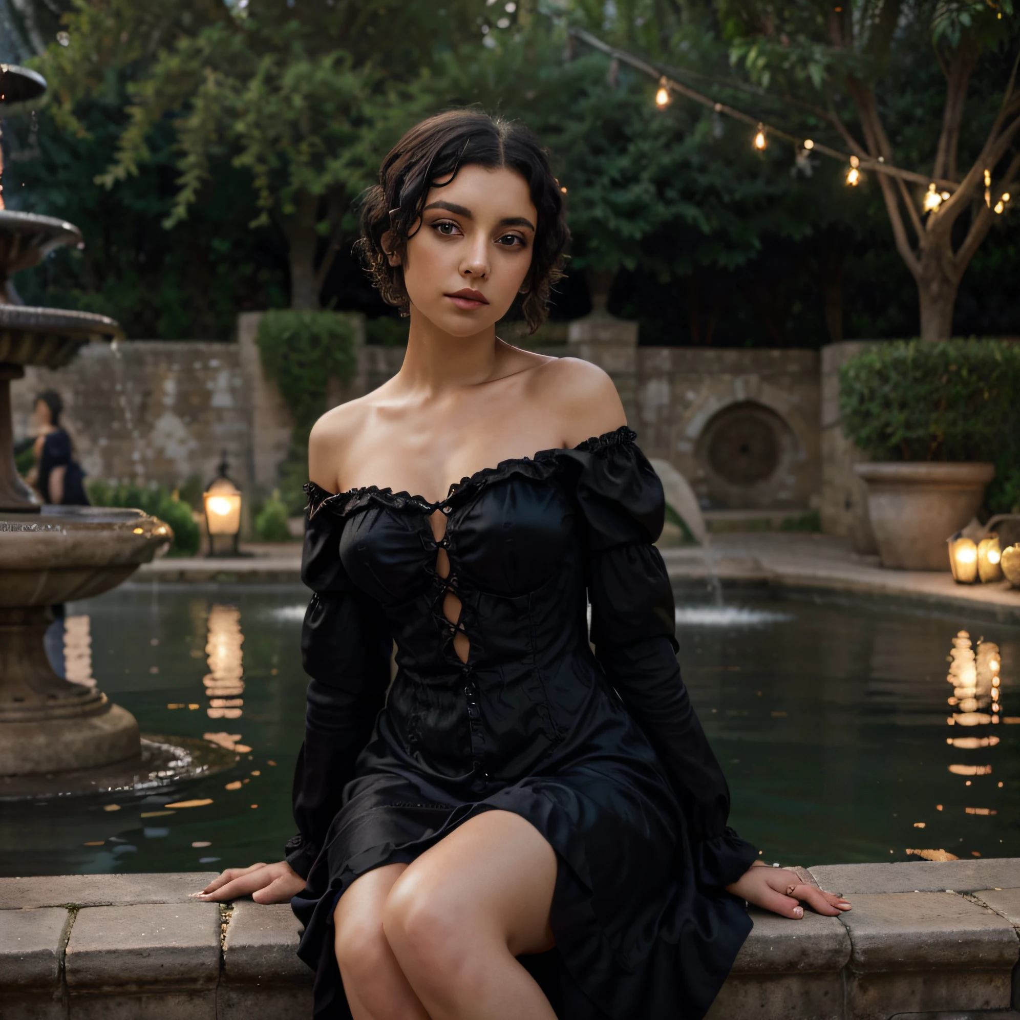 handsome girl, black short curly hair, Dark big eyes, Gothic style silk dress, steampunk style, gracefully fits her gorgeous figure. Girl sitting near the fountain, such a place, like Provence in France, night time, Soft light lanterns. Highest Quality, high detail, hyper realisitc, Hyperreal photo of, cinematic quality, high detail, Raw
