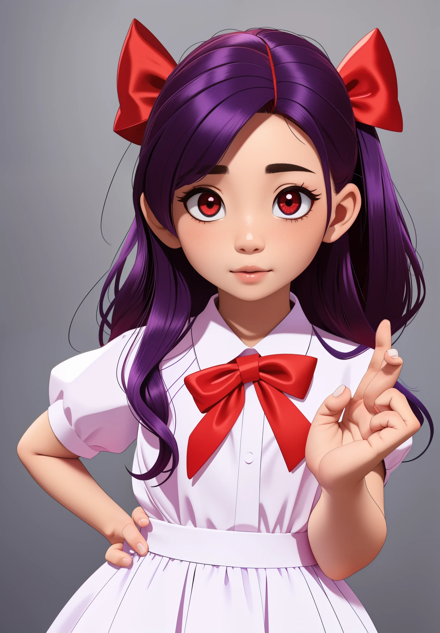 red bow in the hair, Girl, purple hair, red and white dress, Holes for Eyes, red eyes, Horror, bloody hands ,血, blood splash, 1girl, solo,