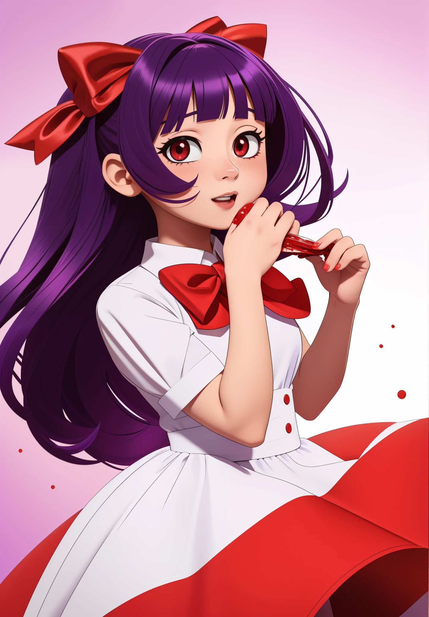 red bow in the hair, Girl, purple hair, red and white dress, Holes for Eyes, red eyes, Horror, bloody hands ,血, blood splash, 1girl, solo,