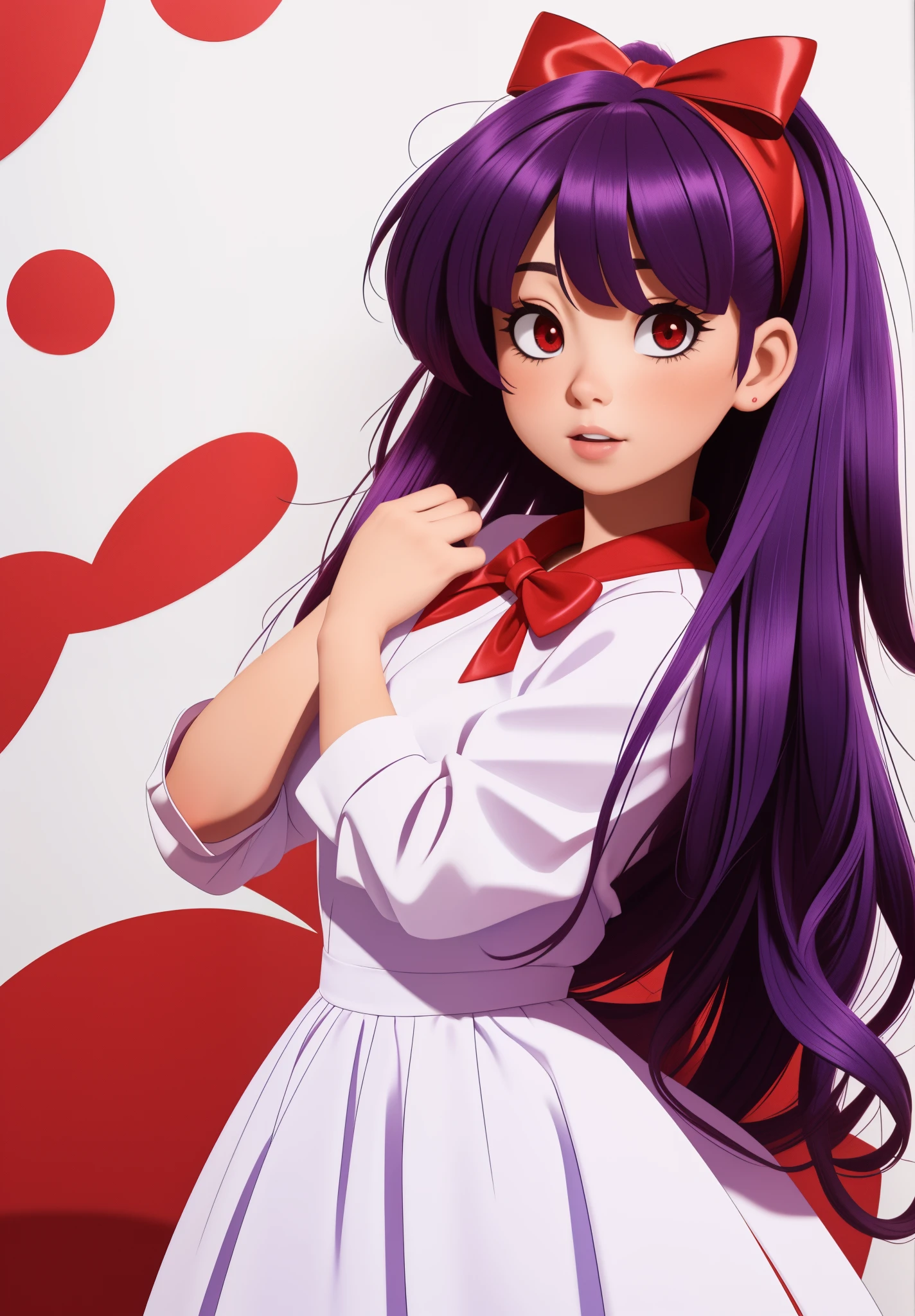 red bow in the hair, Girl, purple hair, red and white dress, Holes for Eyes, red eyes, Horror, bloody hands ,血, blood splash, 1girl, solo,