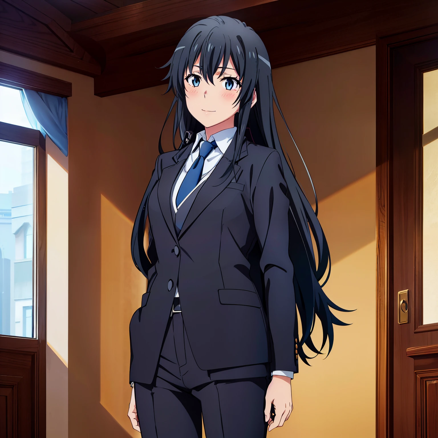 1GIRL , Yukinoshita yukino , Yukinoshita yukino, woman in formal attractive suit tuxedo tailcoat standing in a large alcove in the room, 1girl, solo, necktie, black hair, blue eyes, long hair, smile, jacket, looking at viewer, shirt, pants, blue necktie, collared shirt, white pants, white shirt, indoors, bangs, long sleeves, closed mouth, window, black jacket, blush, cowboy shot, formal, suit, full sexy body