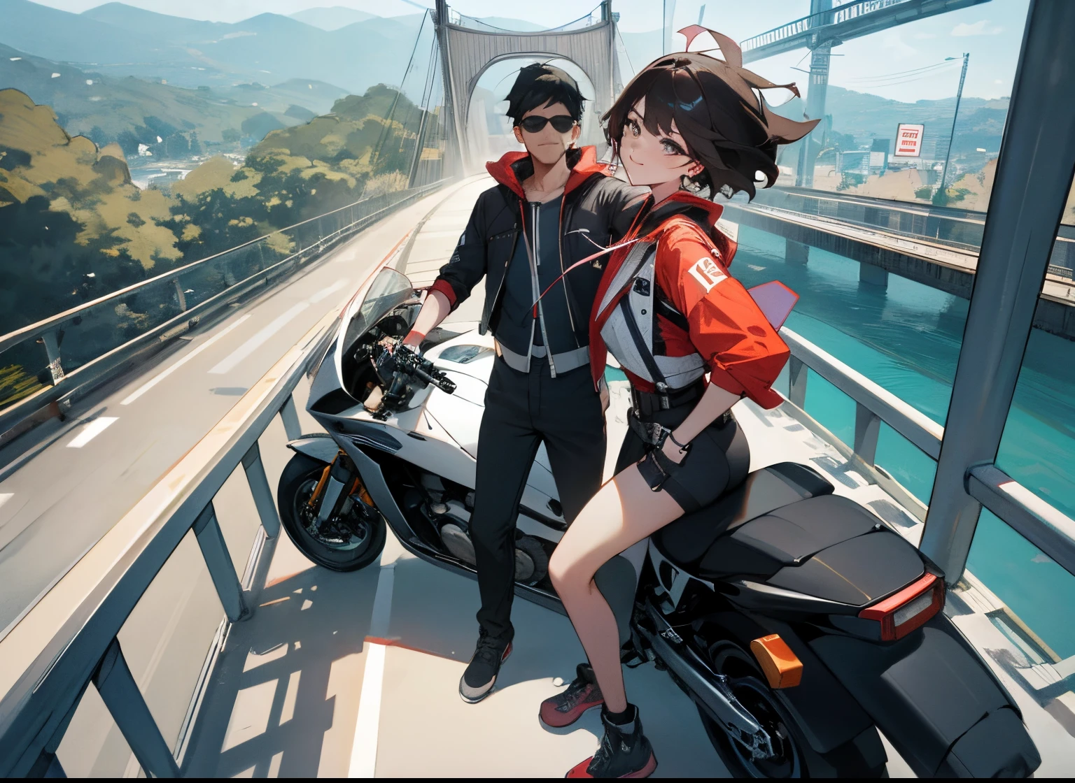 there is a man and woman standing on a bridge with a motorcycle, connected with hanging bridge!!, on a bridge, riding on the road, on a road, taken on go pro hero8, hanging bridge!!, standing on a bridge, shot on gopro9, 8k selfie photograph, without helmet, touring, selfie shot straight on angle, selfie photography