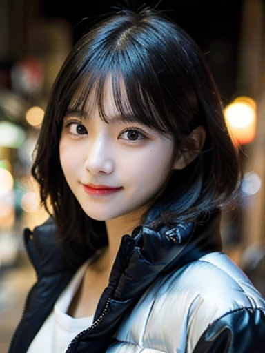 (masterpiece, best quality, photo realistic, official art:1.4), (UHD, 8K quality wallpaper, High resolution, raw photo, film grain:1.2), (shiny skin), professional lighting, physically-based rendering, Award-winning, highly detailed skin, (extremely detailed face and eyes, clear pupils), Carl Zeiss 85 mm F/1.4, depth of field, BREAK, 1girl, solo, kawaii 24-year-old Korean girl, (Nogizaka idol:0.7), (Korean idol:0.9), (glossy straight black hair, medium hair, straight fringe:1.3), rounded face, single eyelid, (soft smiling, closed mouth:1.3), (wearing light down jacket:1.3), (skinny jeans, high heels:0.7), (breasts emphasized, well shaped medium breasts:0.8), (looking at viewer), BREAK, at a street in Seoul, winter night, moonlight, (seductive posing, dynamic angle:1.3), upper body shot,