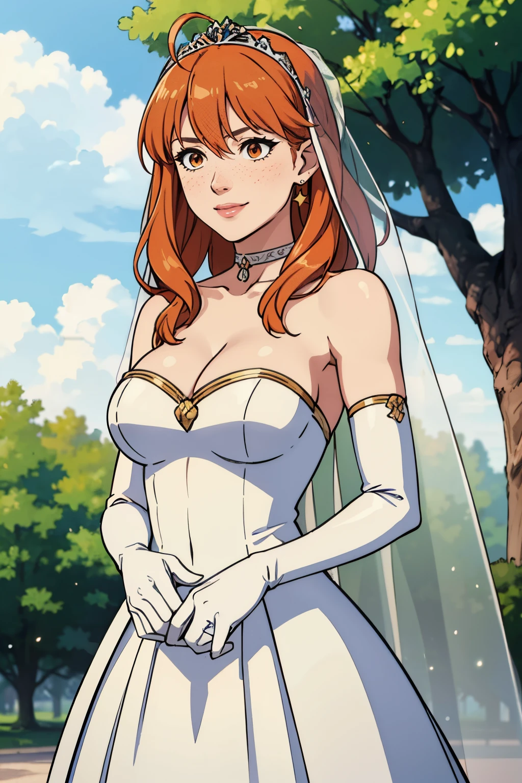 celica fe,  hair between eyes, ahoge, orange hair, star \(symbol\), hair ornament, dress, cleavage, bare shoulders, collarbone, long white elbow gloves, white gloves, white dress, white choker, strapless, tiara, veil, strapless dress, wedding dress, bridal veil, beautiful woman, perfect body, perfect breasts, wearing a wedding dress, ball gown, in the park trees, wedding decorations, a warm smile, realism, masterpiece, textured skin, super detail, high detail, high quality, best quality, 1080p, 16k