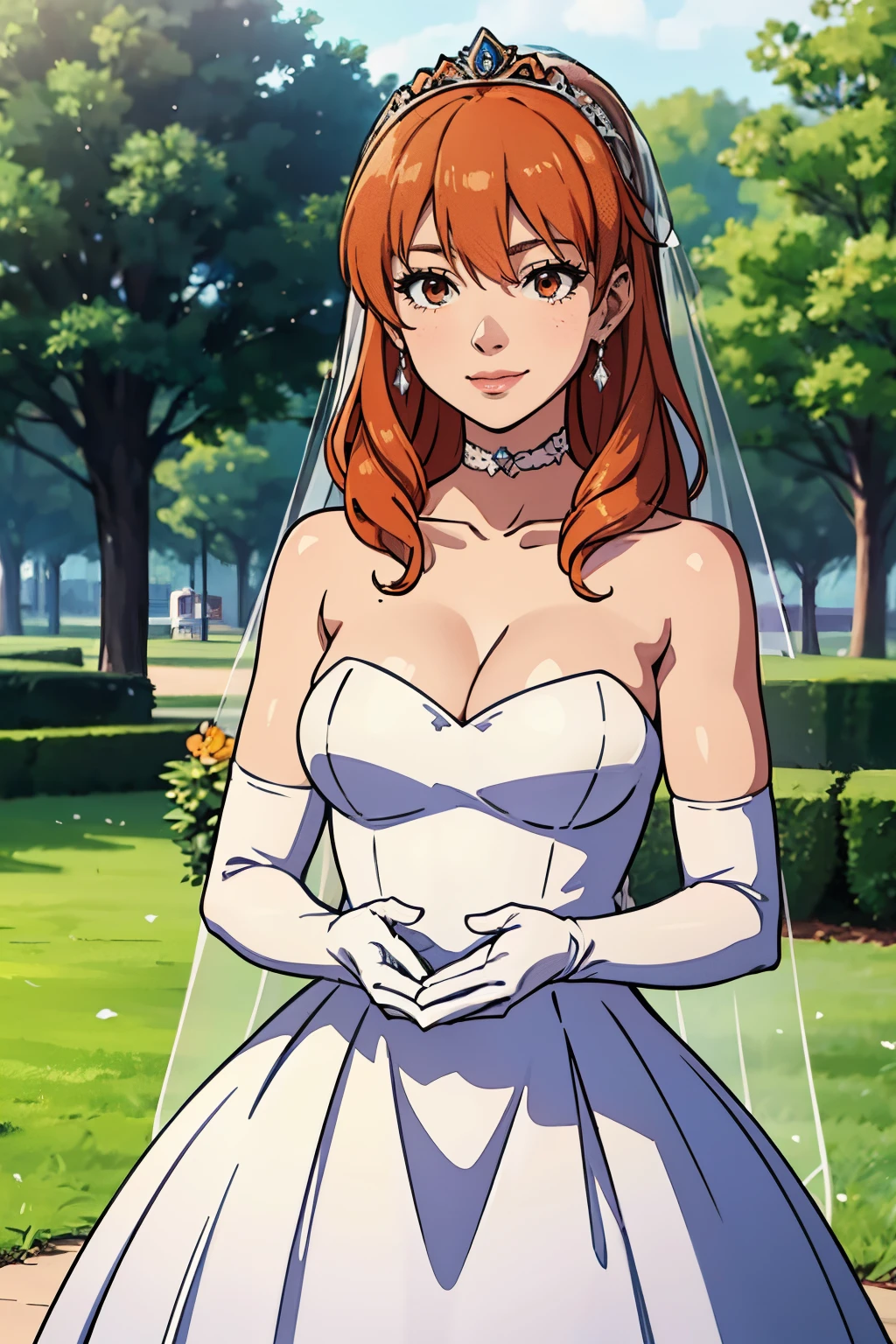 celica fe,  hair between eyes, ahoge, orange hair, star \(symbol\), hair ornament, dress, cleavage, bare shoulders, collarbone, long white elbow gloves, white gloves, white dress, white choker, strapless, tiara, veil, strapless dress, wedding dress, bridal veil, beautiful woman, perfect body, perfect breasts, wearing a wedding dress, ball gown, in the park trees, wedding decorations, a warm smile, realism, masterpiece, textured skin, super detail, high detail, high quality, best quality, 1080p, 16k