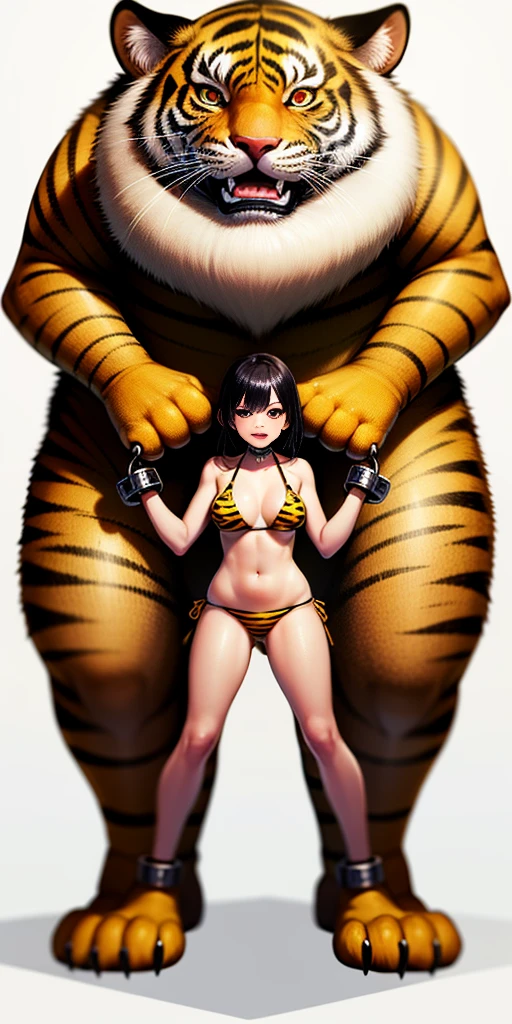 ((WHITE BACKGROUND)) full body standing straight symmetrical looking to the camera woman with bikini (yellow tiger bikini) tiger paws, choker on neck, shackles on legs and arms, tiger face