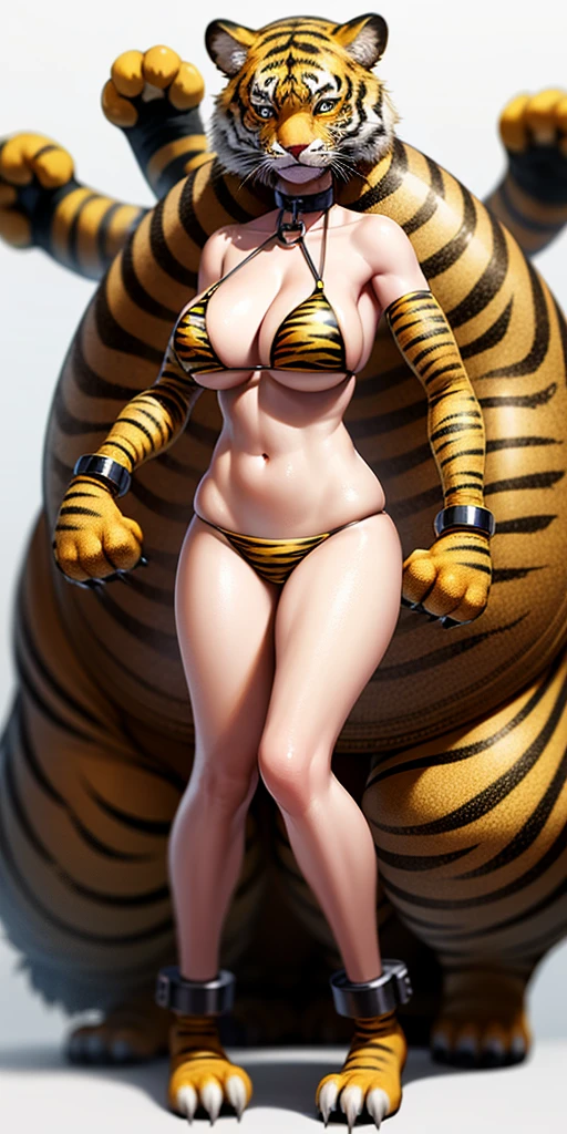 ((WHITE BACKGROUND)) full body standing straight symmetrical looking to the camera woman with bikini (yellow tiger bikini) tiger paws, choker on neck, shackles on legs and arms, tiger face