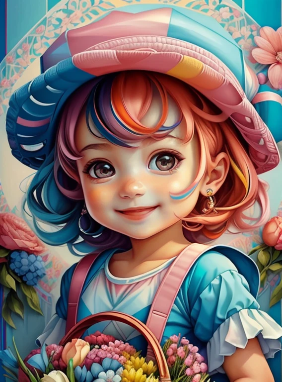 ((|) (cute baby girl with pink hat smiling with a basket of flowers) stylized identical to 1940 |)), acolchoamento ,multidimensional geometric wall PORTRAIT, arte, Chibi,
Yang016K, lindo,(( Predominant red coloration ,azul e branco))
Primary works, qualidade superior, melhor qualidade, Arte Oficial, Beautiful and Aesthetic,), Eduardo Kobra acolchoamento ,multidimensional geometric wall PORTRAIT, arte, Chibo,detalhes