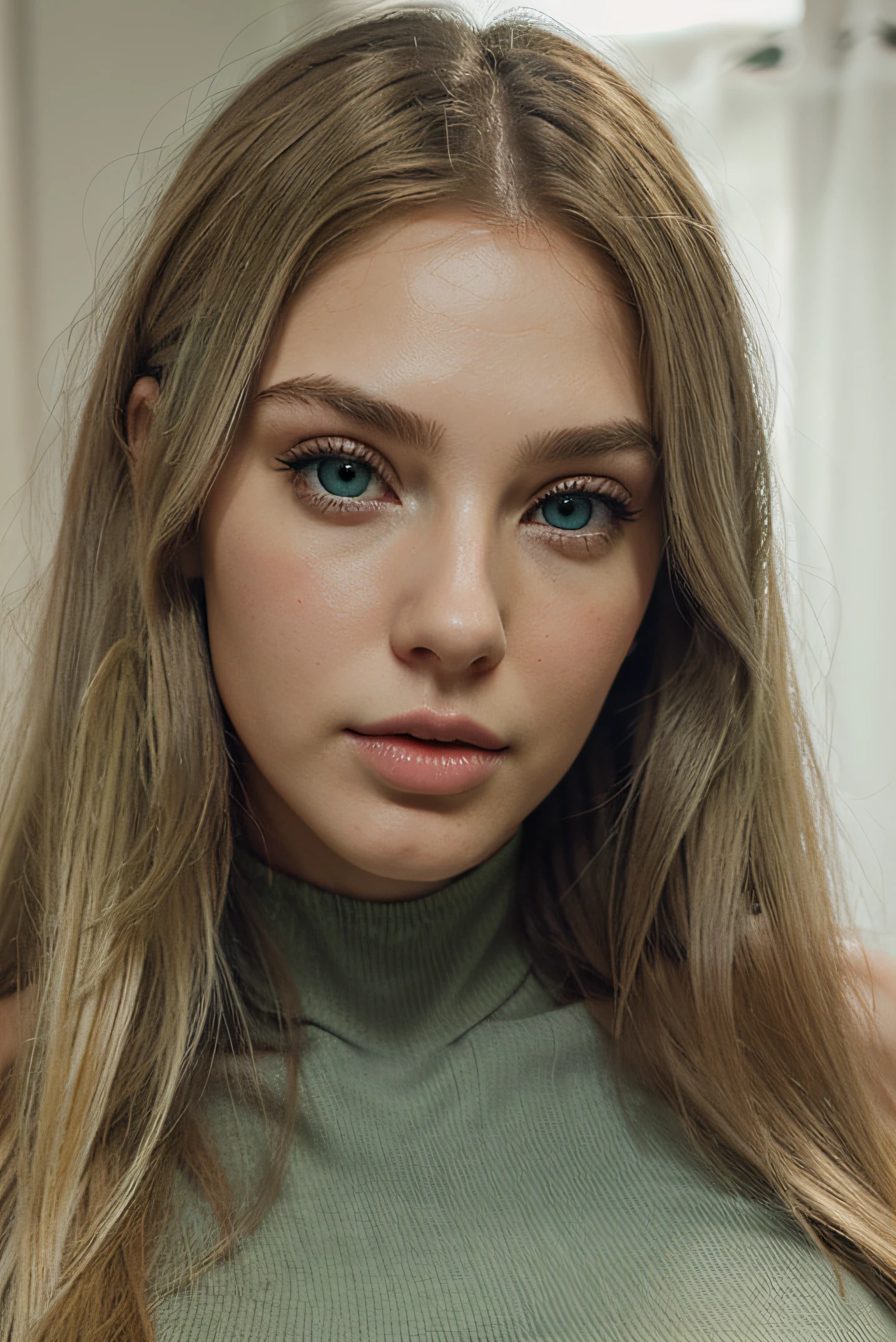 Realistic Girl Face, blonde woman, Large gray-green eyes, large lips, Large silicone breasts, hairlong,
