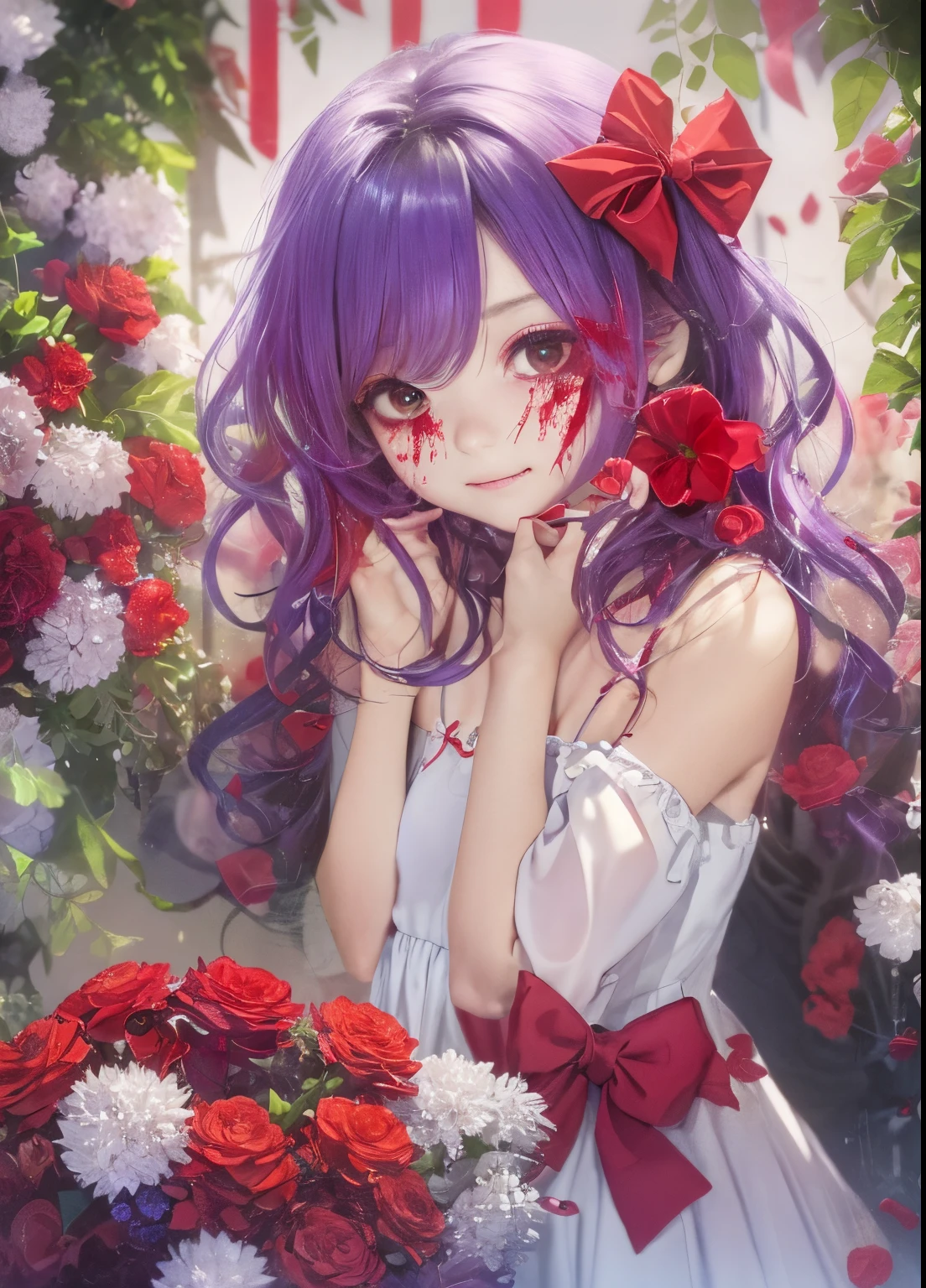 Girl, purple hair, red and white dress, Holes for Eyes, bleeding eyes, Horror, red bow in the hair, flowers, lot of flowers