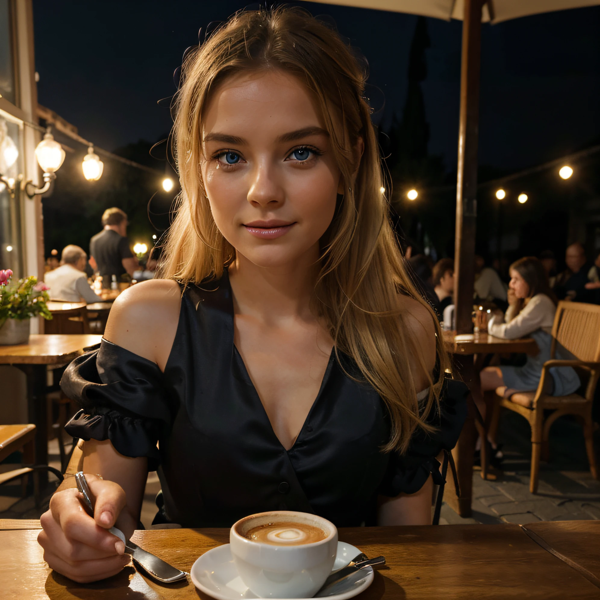 handsome girl, blond hair, blue eyes, The silk black dress gracefully fits her chic figure. A girl sits at a table near a cafe, with a cup of coffee and cake, A slight smile on his face. such a place, like Provence in France, night time, Soft light lanterns. Highest Quality, high detail, hyper realisitc, Hyperreal photo of, cinematic quality, high detail