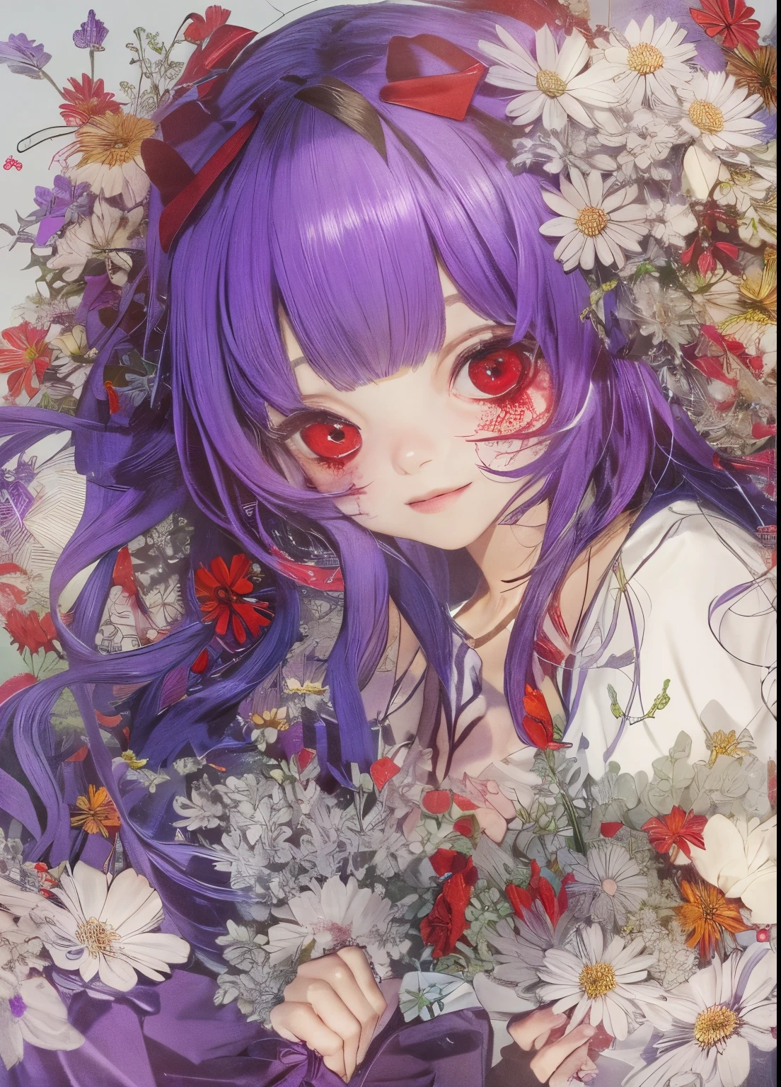 Girl, purple hair, red and white dress, Holes for Eyes, bleeding eyes, Horror, red bow in the hair, flowers, lot of flowers