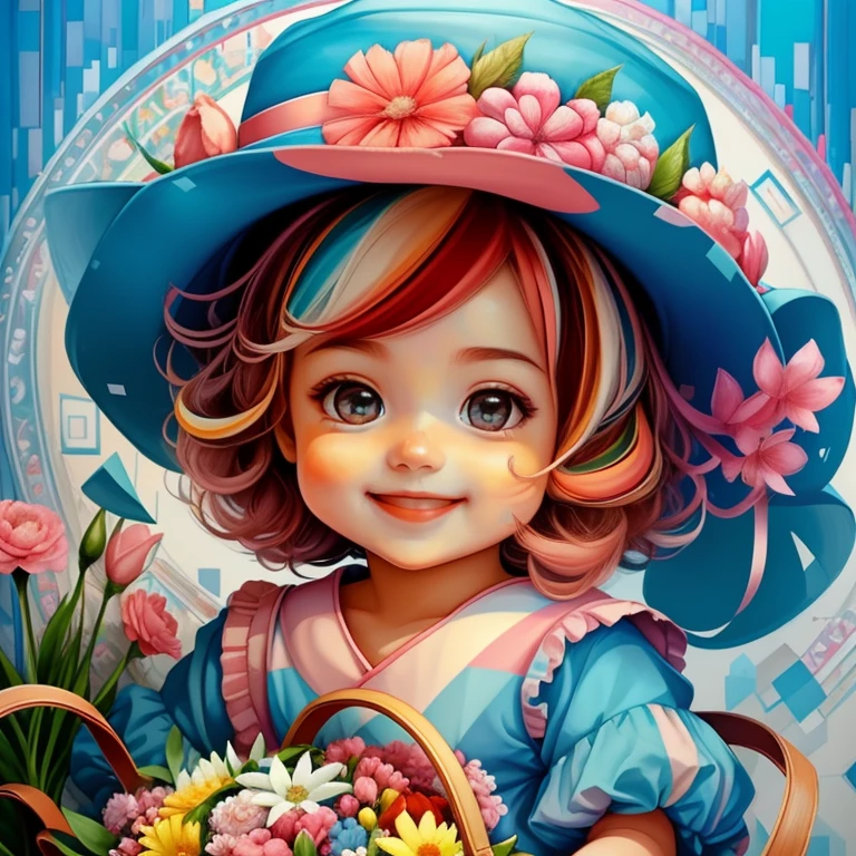 ((|) (cute  with pink hat smiling with a basket of flowers) stylized identical to 1940 |)), acolchoamento ,multidimensional geometric wall PORTRAIT, arte, Chibi,
Yang016K, lindo,(( Predominant red coloration ,azul e branco))
Primary works, qualidade superior, melhor qualidade, Arte Oficial, Beautiful and Aesthetic,),  Eduardo Kobra acolchoamento ,multidimensional geometric wall PORTRAIT, arte, Chibo,detalhes