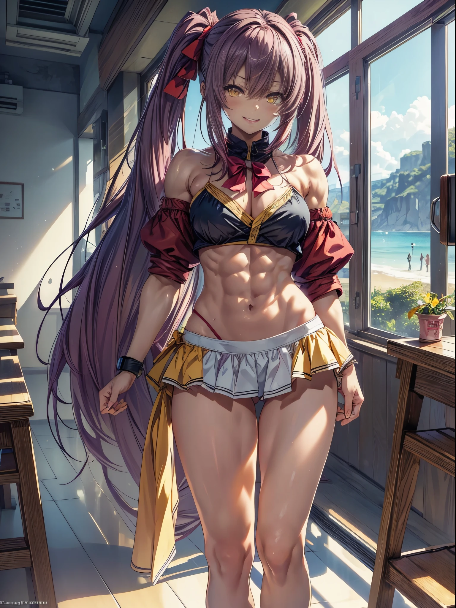 (1 girl), mischievous smile, on the beach, (muscular ass), (small waist), (big ass), (((Ichika Amasawa))), red ribbons in her hair, ((wide yellow eyes)), good anatomy, perfect hands, (((perfect, muscular legs))), (wearing a short bikini), thin waist, muscular abdomen, wearing black high heel shoes, full body photo, (standing), elongated eyes, eye reflection, anime, anime style, ray tracing, luminous lighting, panorama, Sony FE, 8k, hard udisk, hard udisk, master piece, ccurate, anatomically correct, textured skin, super detail, high details, high quality, high , hard disk, 16k