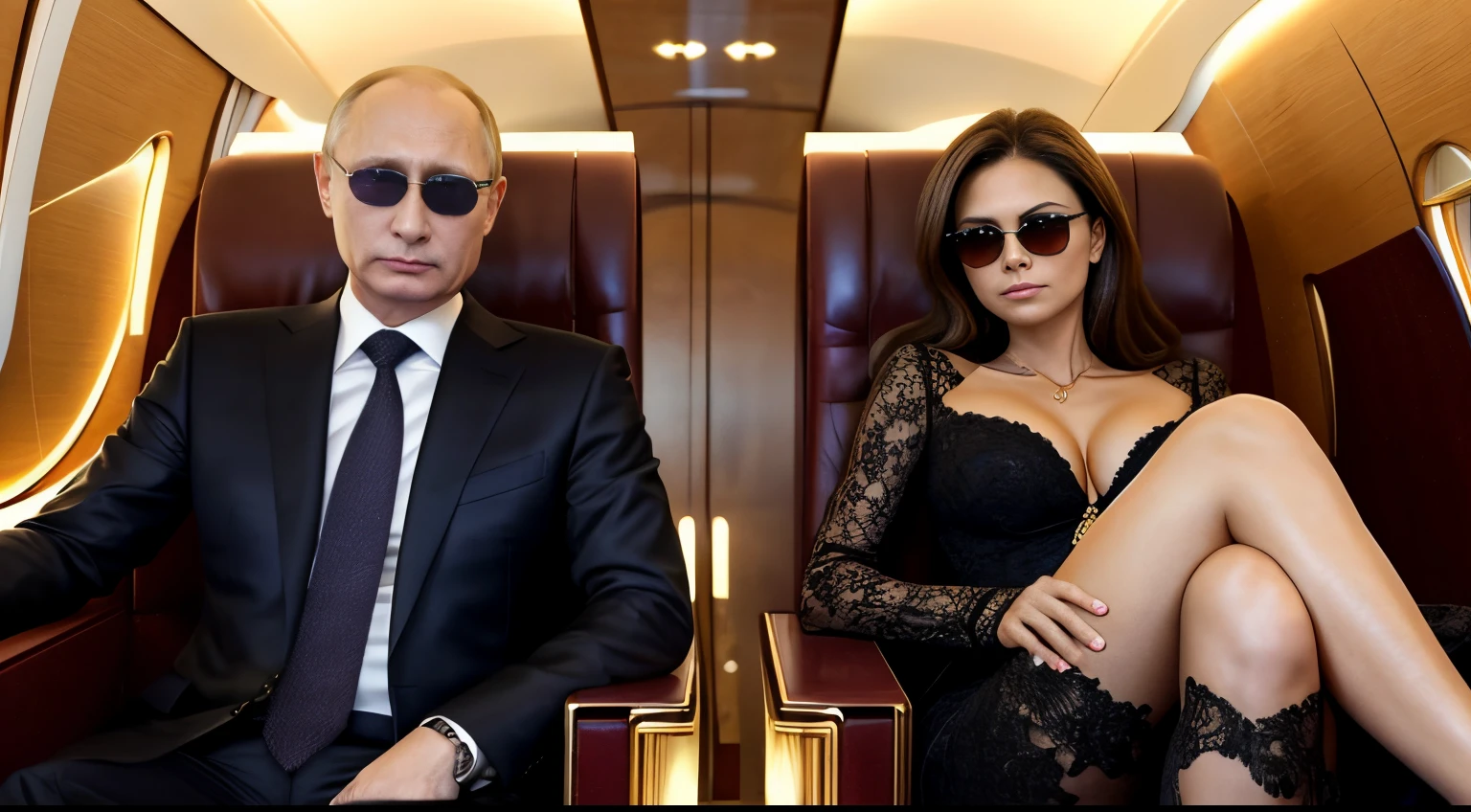 Vladimir Putin, he is resting in a very luxurious private jet with gold details, next to him there are two beautiful women wearing dark glasses