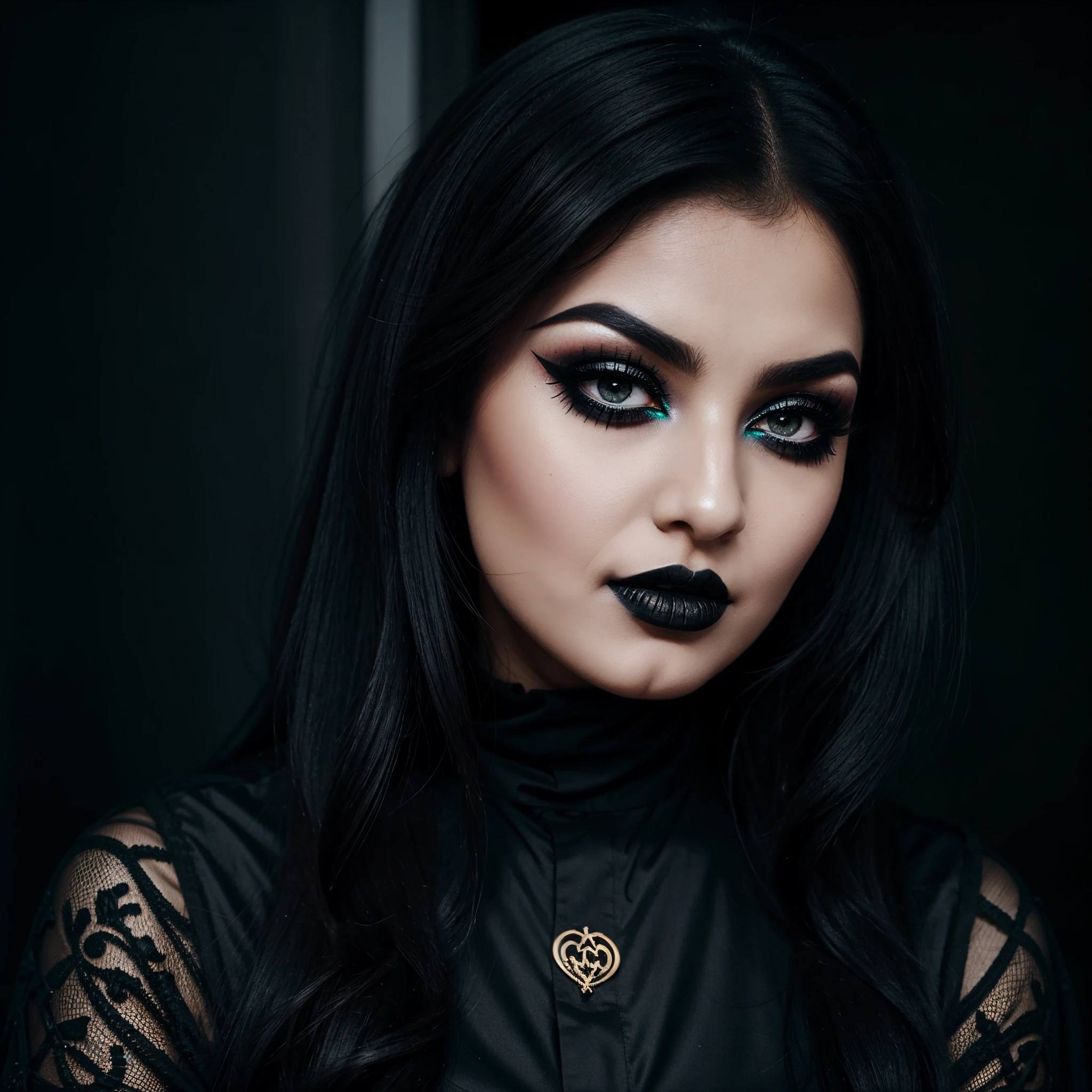 Saudi girl Heavy Make up Goth Look Pose, Black Lipstick