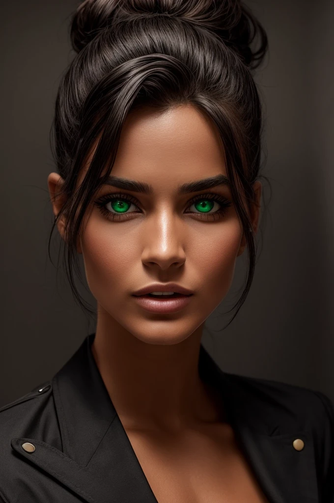 "Generate an image that reflects the wild and aggressive expression of a man. Sus facciones son marcadas, con una nariz chata, full lips and defined jaw, aunque su barba recortada la oculta por completo. She wears a high bun that gathers up her dark hair., a pesar de recordarle con el cabello corto. La imagen impresiona.
The first buttons of the shirt are undone, giving the impression of being unkempt or perhaps having drunk. No lleva corbata, sugiriendo que puede haberla lanzado, but he does have a black jacket. Sostiene un reloj de oro en la mano derecha. Your skin is tanned, como siempre, and his wild green eyes add a striking touch to the scene."