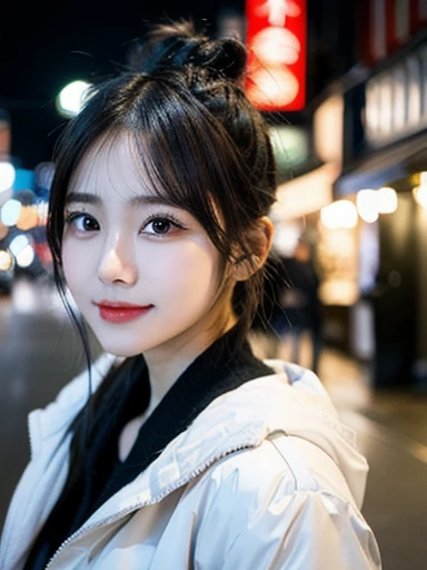 (masterpiece, best quality, photo realistic, official art:1.4), (UHD, 8K quality wallpaper, High resolution, raw photo, film grain:1.2), (shiny skin), professional lighting, physically-based rendering, Award-winning, highly detailed skin, (extremely detailed face and eyes, clear pupils), Carl Zeiss 85 mm F/1.4, depth of field, BREAK, 1girl, solo, kawaii 24-year-old Korean girl, (Nogizaka idol:0.7), (Korean idol:0.9), (glossy straight black hair, double buns, forehead:1.3), rounded face, single eyelid, (soft smiling, closed mouth:1.3), (wearing light down jacket:1.3), (skinny jeans, high heels:0.7), (breasts emphasized, well shaped medium breasts:0.8), (looking at viewer), BREAK, at a street in Seoul, winter night, moonlight, (seductive posing, dynamic angle:1.3), upper body shot,