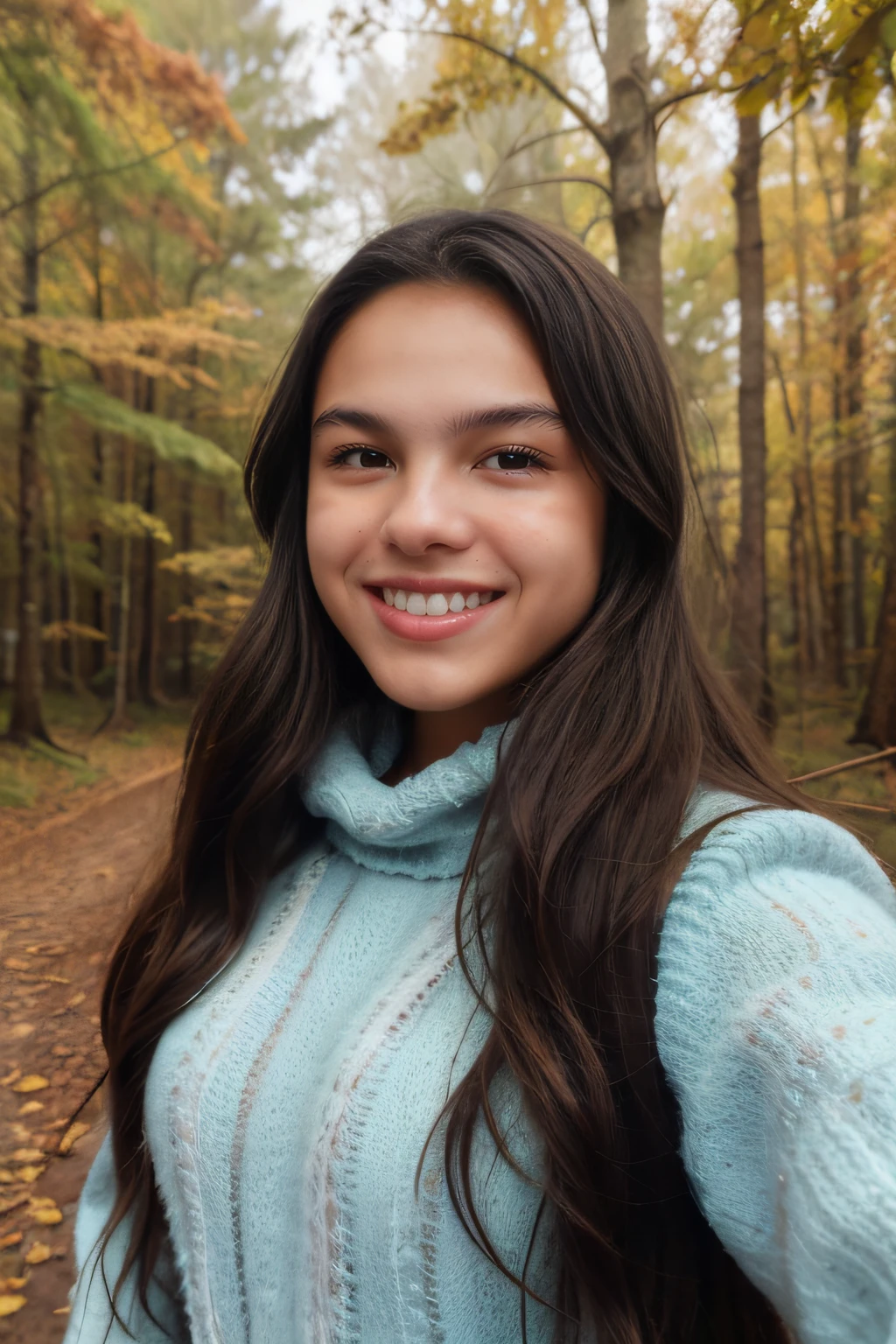 Polaroid style, closeup selfie of yo Olivia Rodrigo with (acne) and ruffled hair dressed in jacket and sweater making casual selfie in sunny autumn forest, sun and fog, smile:2.0, happy face, detailed skin texture, (highly detailed skin), skin pores, blurred background, film grain
