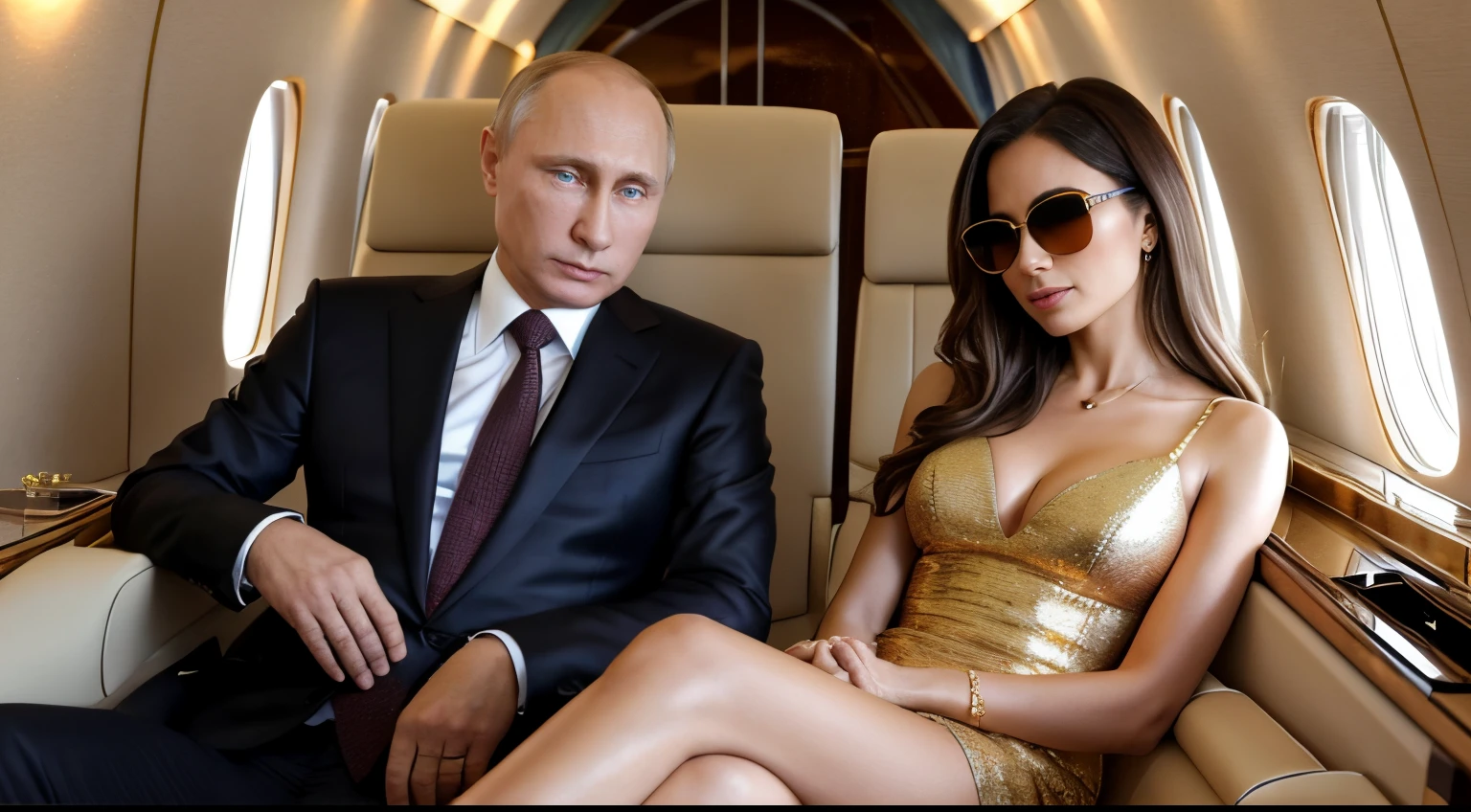 Vladimir Putin, he is resting in a very luxurious private jet with gold details, next to him there are two beautiful women wearing dark glasses