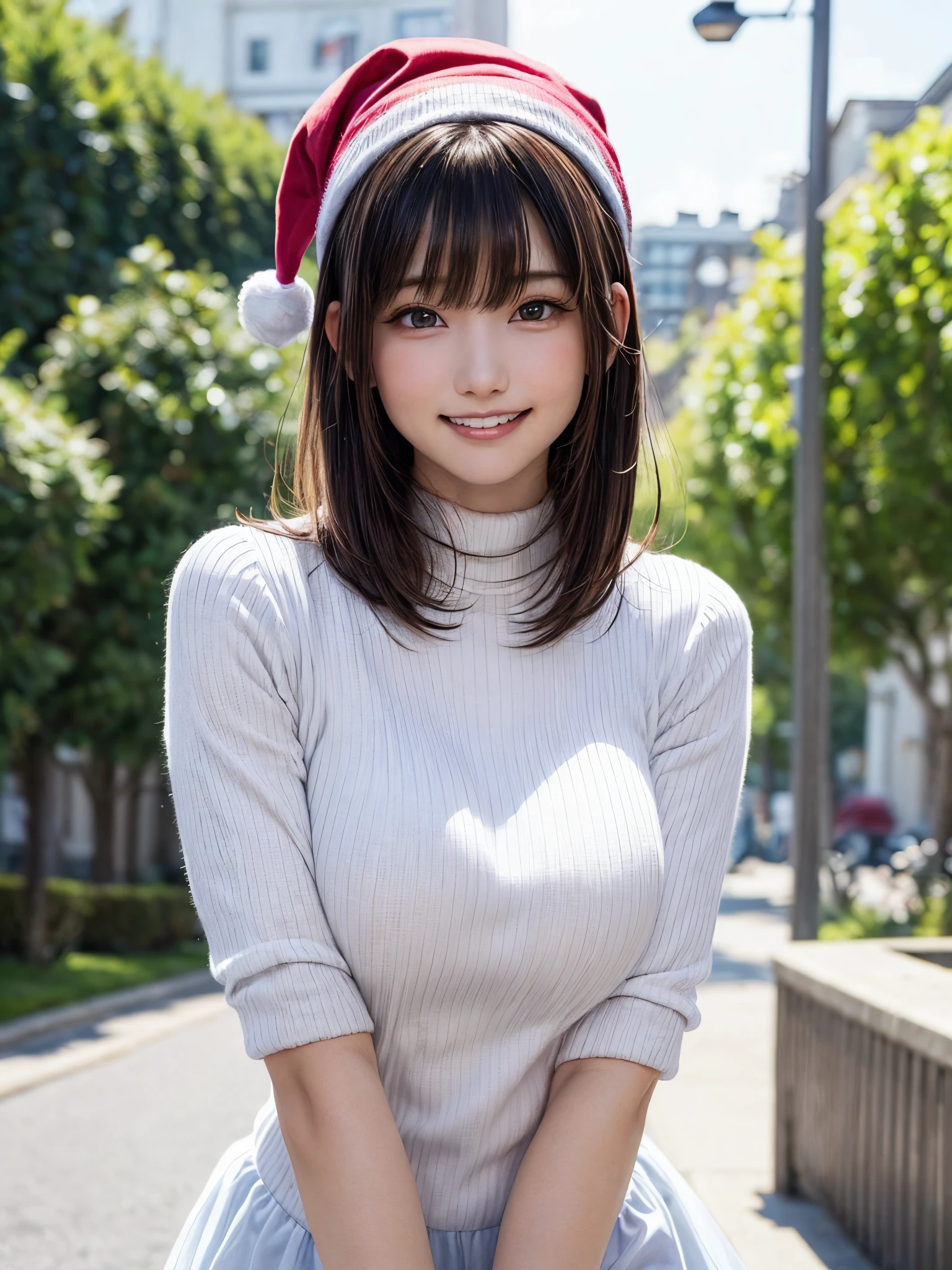 (masutepiece:1.4, top-quality、The ultra -The high-definition:1.4,Very attractive adult beauty with a very cute smile:1.4、Add intense highlights to the eyes:1.4、Look firmly at the camera、Put your right hand on your chest、Beautiful woman full of adult charm:1.4),1girl in, 独奏, brunette short bob shiny hair, muffler,Santa Claus hat:1.4,realisitic, looking at the viewers, Bright colored crystal light blue eyes:1.4, short shiny hair, Santa Claus see-through knit、 Santa Claus red and white see-through costume with a turtleneck and a round hole in the center of the chest:1.4,Sexy red and white turtleneck see-through knit sweater with a round hole in the center of the chest:1.4、 s lips, lipgloss:1.4,bangss, The upper part of the body、big eye、Lashes、The face is a little red:1.4、Embarrassing)、((Canada's tree-lined streets in winter:1.4))、((Brunette's short bob hair with bangs、big eye、Put very strong highlights in your students:1.4、{Gigantic|Big|Huge|Mega} breasts:1.4、very Bigger breasts、gazing at viewer、Very beautiful beauty、Put your ears out:1.4、long neck:1.4、little smiling、Beautiful teeth、Open your mouth and smile:1.4))、28 year old:1.4、Super cute and attractive supermodel:1.4、