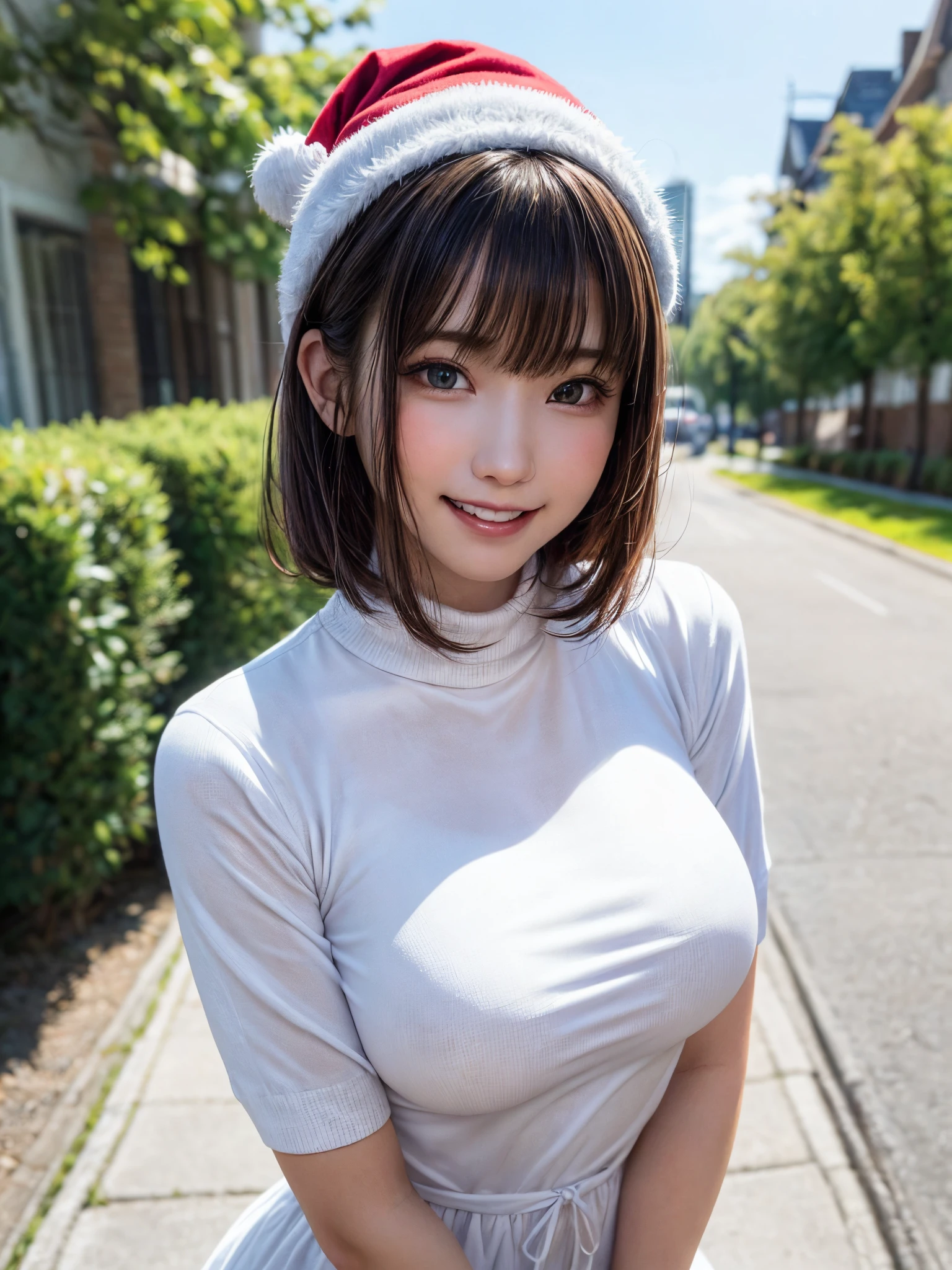 (masutepiece:1.4, top-quality、The ultra -The high-definition:1.4,Very attractive adult beauty with a very cute smile:1.4、Add intense highlights to the eyes:1.4、Look firmly at the camera、Put your right hand on your chest、Beautiful woman full of adult charm:1.4),1girl in, 独奏, brunette short bob shiny hair, muffler,Santa Claus hat:1.4,realisitic, looking at the viewers, Bright colored crystal light blue eyes:1.4, short shiny hair, Santa Claus see-through knit、 Santa Claus red and white see-through costume with a turtleneck and a round hole in the center of the chest:1.4,y red and white turtleneck see-through knit sweater with a round hole in the center of the chest:1.4、 s lips, lipgloss:1.4,bangss, The upper part of the body、big eye、Lashes、The face is a little red:1.4、Embarrassing)、((Canada's tree-lined streets in winter:1.4))、((Brunette's short bob hair with bangs、big eye、Put very strong highlights in your students:1.4、{Gigantic|Big|Huge|Mega} breasts:1.4、very Bigger breasts、gazing at viewer、Very beautiful beauty、Put your ears out:1.4、long neck:1.4、little smiling、Beautiful teeth、Open your mouth and smile:1.4))、28 year old:1.4、Sr cute and attractive supermodel:1.4、