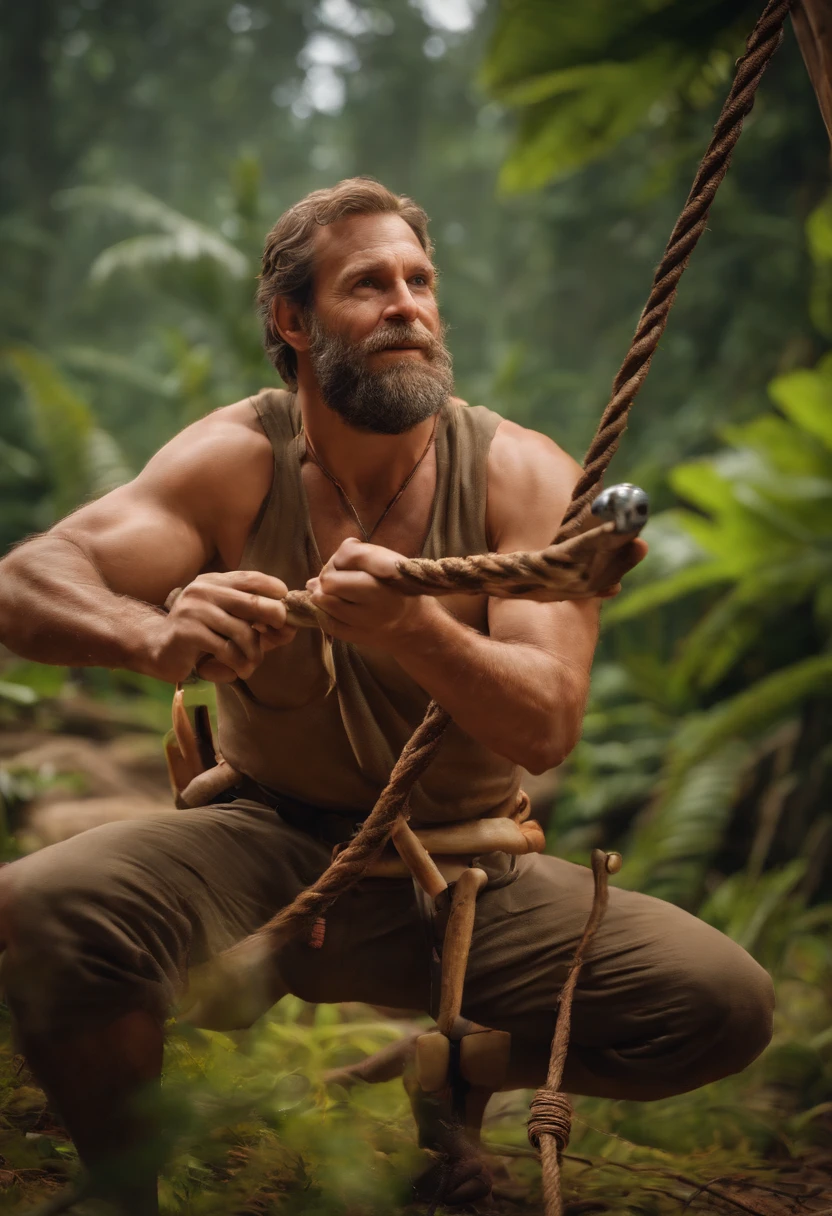 A photo of bob using a makeshift slingshot to fend off a small dinosaur that's getting a little too curious.,Ark survival evolved,bob is a neanderthal looking man who carries primative tools and wears only a loincloth. he is strong from surviving on an island inhabitated by dinosaurs, male