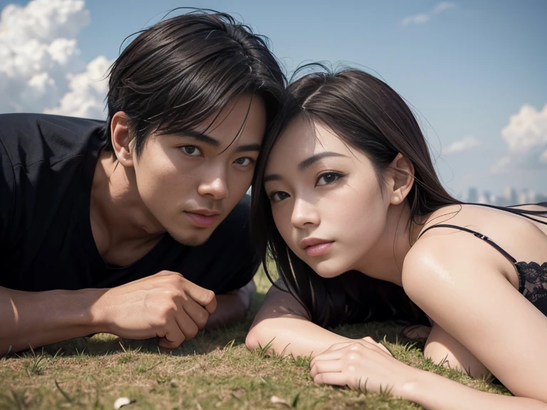8k, masterpiece, (photorealistic:1.3), artistic portrait of a couple, (2 people:1.5), posing back to back on the grass field in the middle of big city, ((1man:1.3) with thin body wearing nothing) and ((1woman:1.3) with medium boobs and slim body wearing nothing), (wide angle shot:1.5, close up:1.3), exposed her sagging boobs, they exposed love language, japanese, natural colors, warm and romantic atmosphere, , cool and blue background, lovely ambient, dramatic romantic movie,