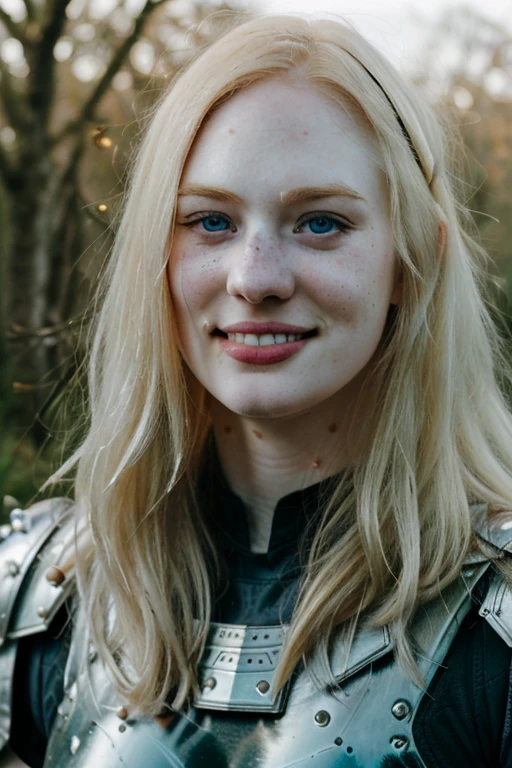 Ultra realistic photography of dbwl woman with many huge beauty marks on her natural pale white skin  ,    (medium shot:1.1) ,  (full body portrait:1.4), 
 (SFW),  (((armor))) , dressed, upper arms,   ((in frame)),

 ((fighting stance)),  natural (  pale light blonde eyelashes) , blue eyes, medieval background,
 detailed Natural pale white skin  with (many huge round beauty marks) , smile, light pale blonde eyebrows,
 happy, clean cheeks,
detailed, natural light blonde,  outdoors, sunny, high resolution, photograph, RAW photo, [[sexy]]