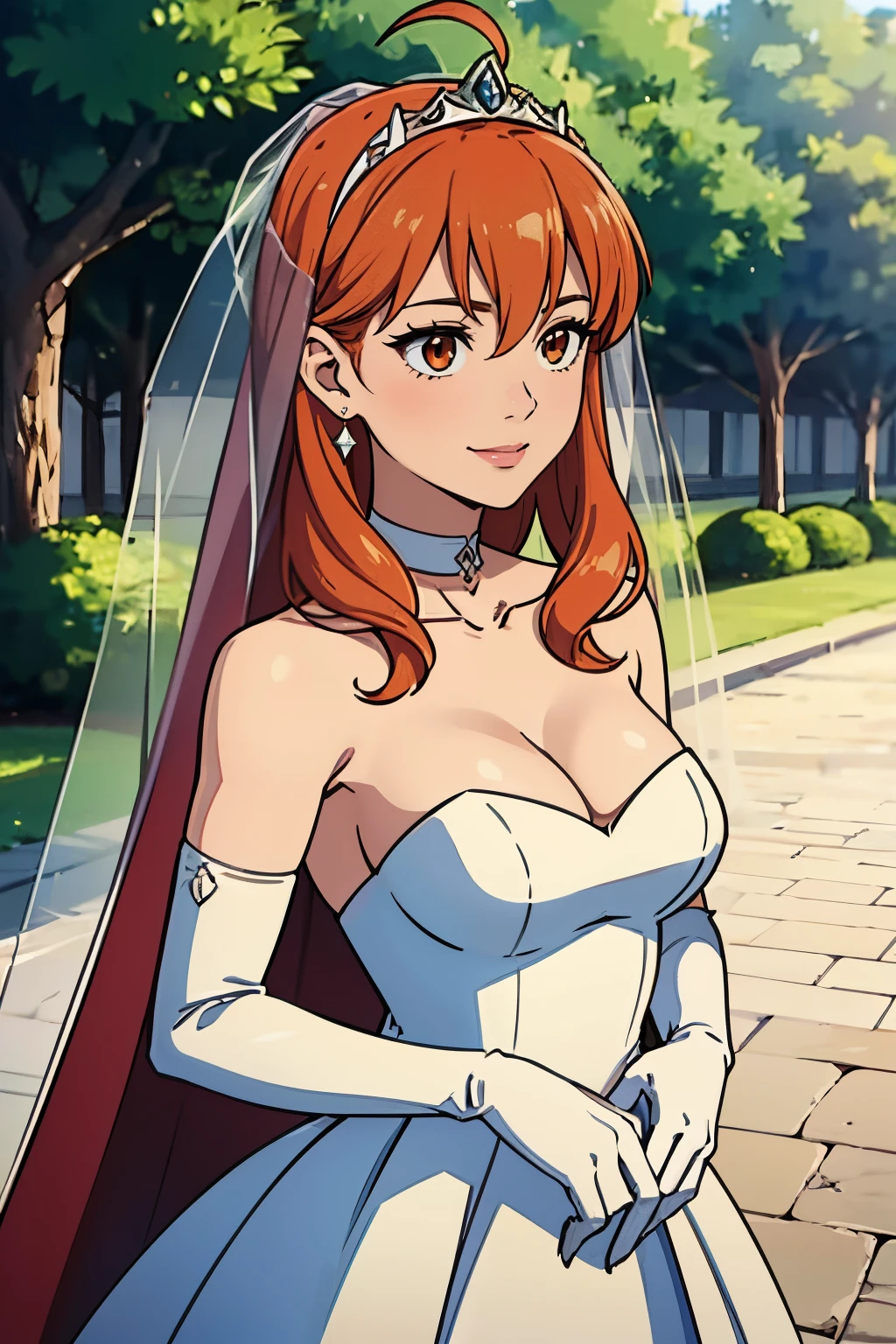 celica fe, hair between eyes, ahoge, orange hair, star \(symbol\), hair ornament, dress, cleavage, bare shoulders, collarbone, long white elbow gloves, white gloves, white dress, white choker, strapless, tiara, veil, strapless dress, wedding dress, bridal veil, beautiful woman, perfect body, perfect breasts, wearing a wedding dress, ball gown, in the park trees, wedding decorations, a warm smile, realism, masterpiece, textured skin, super detail, high detail, high quality, best quality, 1080p, 16k