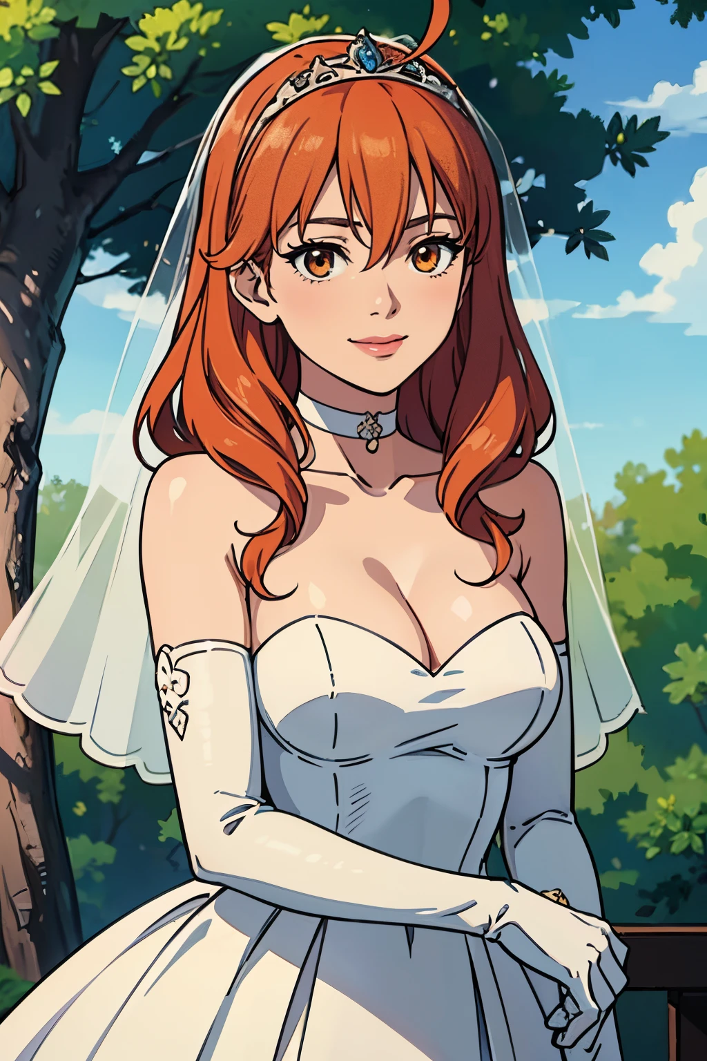 celica fe, hair between eyes, ahoge, orange hair, star \(symbol\), hair ornament, dress, cleavage, bare shoulders, collarbone, long white elbow gloves, white gloves, white dress, white choker, strapless, tiara, veil, strapless dress, wedding dress, bridal veil, beautiful woman, perfect body, perfect breasts, wearing a wedding dress, ball gown, in the park trees, wedding decorations, a warm smile, realism, masterpiece, textured skin, super detail, high detail, high quality, best quality, 1080p, 16k