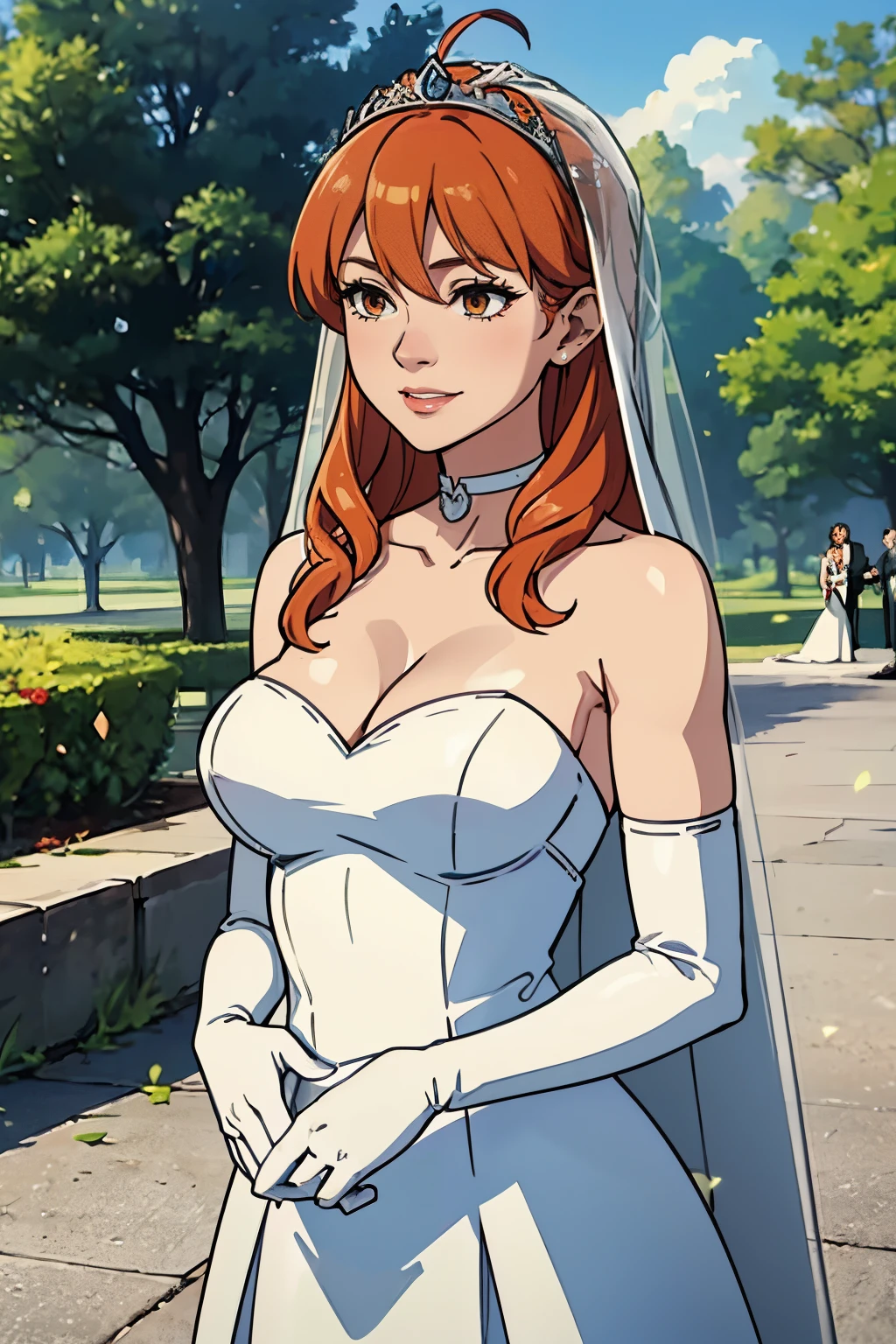 celica fe, hair between eyes, ahoge, orange hair, star \(symbol\), hair ornament, dress, cleavage, bare shoulders, collarbone, long white elbow gloves, white gloves, white dress, white choker, strapless, tiara, veil, strapless dress, wedding dress, bridal veil, beautiful woman, perfect body, perfect breasts, wearing a wedding dress, ball gown, in the park trees, wedding decorations, a warm smile, realism, masterpiece, textured skin, super detail, high detail, high quality, best quality, 1080p, 16k