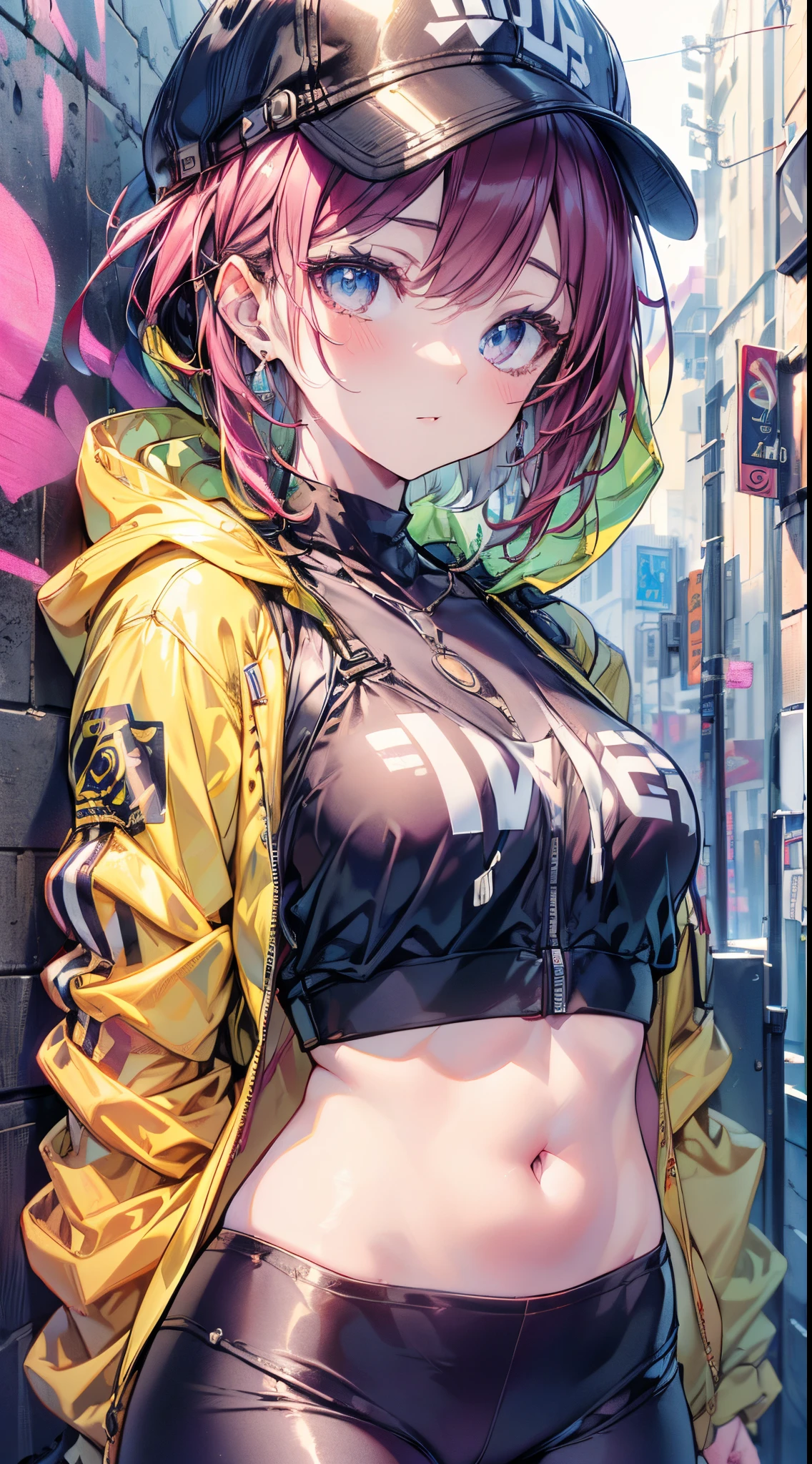 (masutepiece ,Best Quality,Insanely detailed), 1 Cute Pure Girl,(street fashion :1.2),(hooded hoodie,short length:1.2),(cap with logo),(sports bra,leggings:1.2),navel,stomach,graffiti wall,detailed and beautiful eyes, Perfect Anatomy , Perfect five fingers,amazing, Super Fine illustration