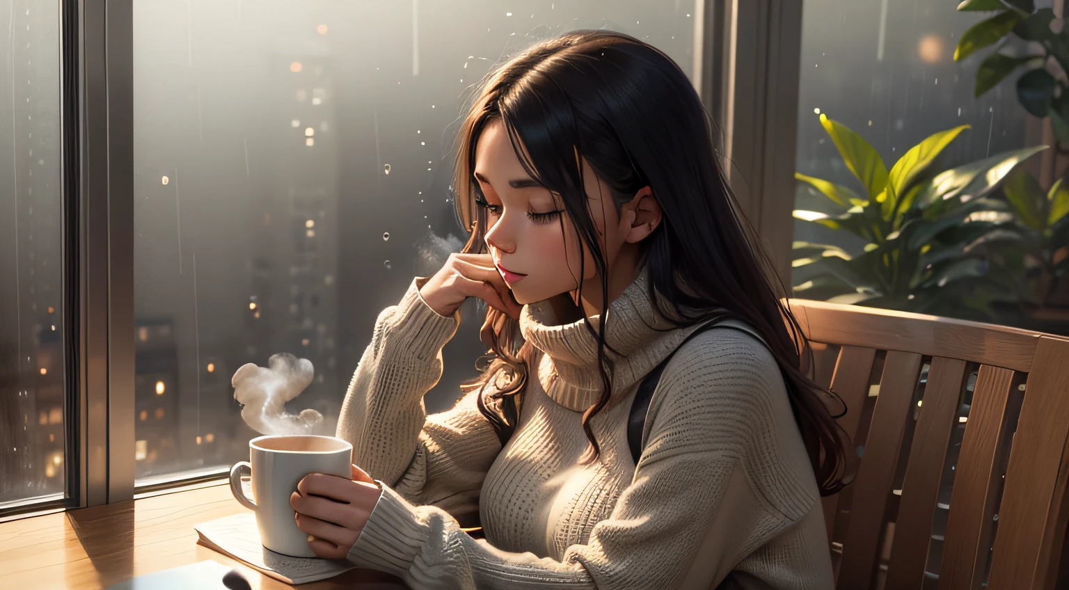Woman in a large sweater at a café window reading a book, steam, coffee cup, rain outside, serene, relaxed vibes