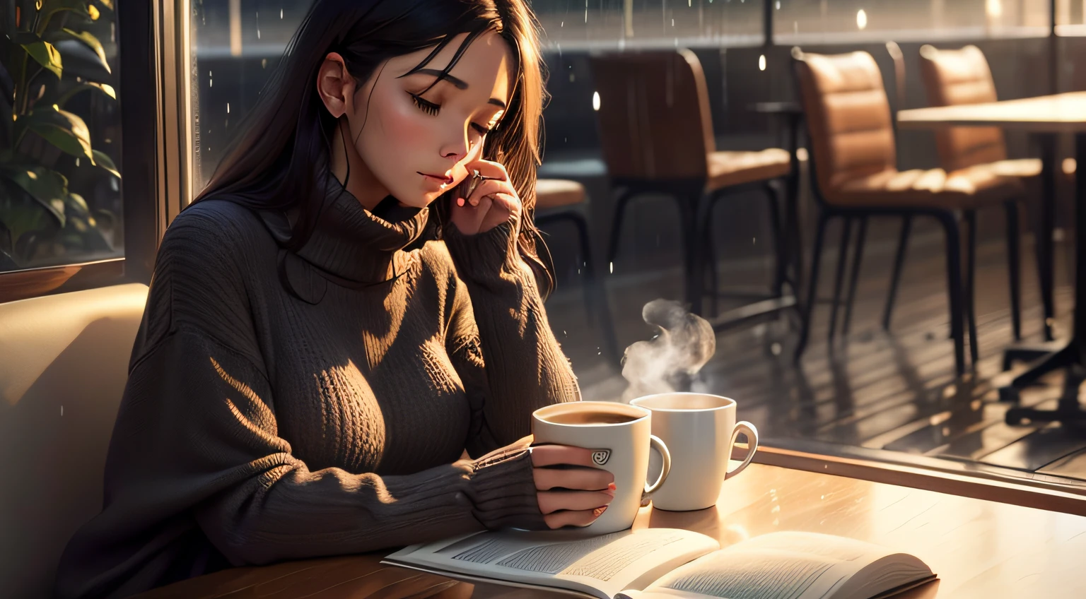 Woman in a large sweater at a café window reading a book, steam, coffee cup, rain outside, serene, relaxed vibes