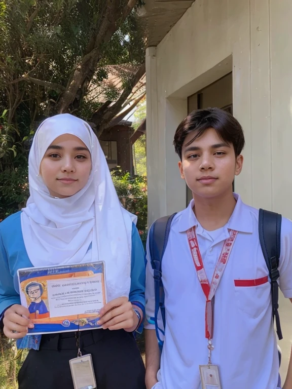 Girl with a tirung and uniform and a boy with a uniform and a red ID lace with cone shape nose