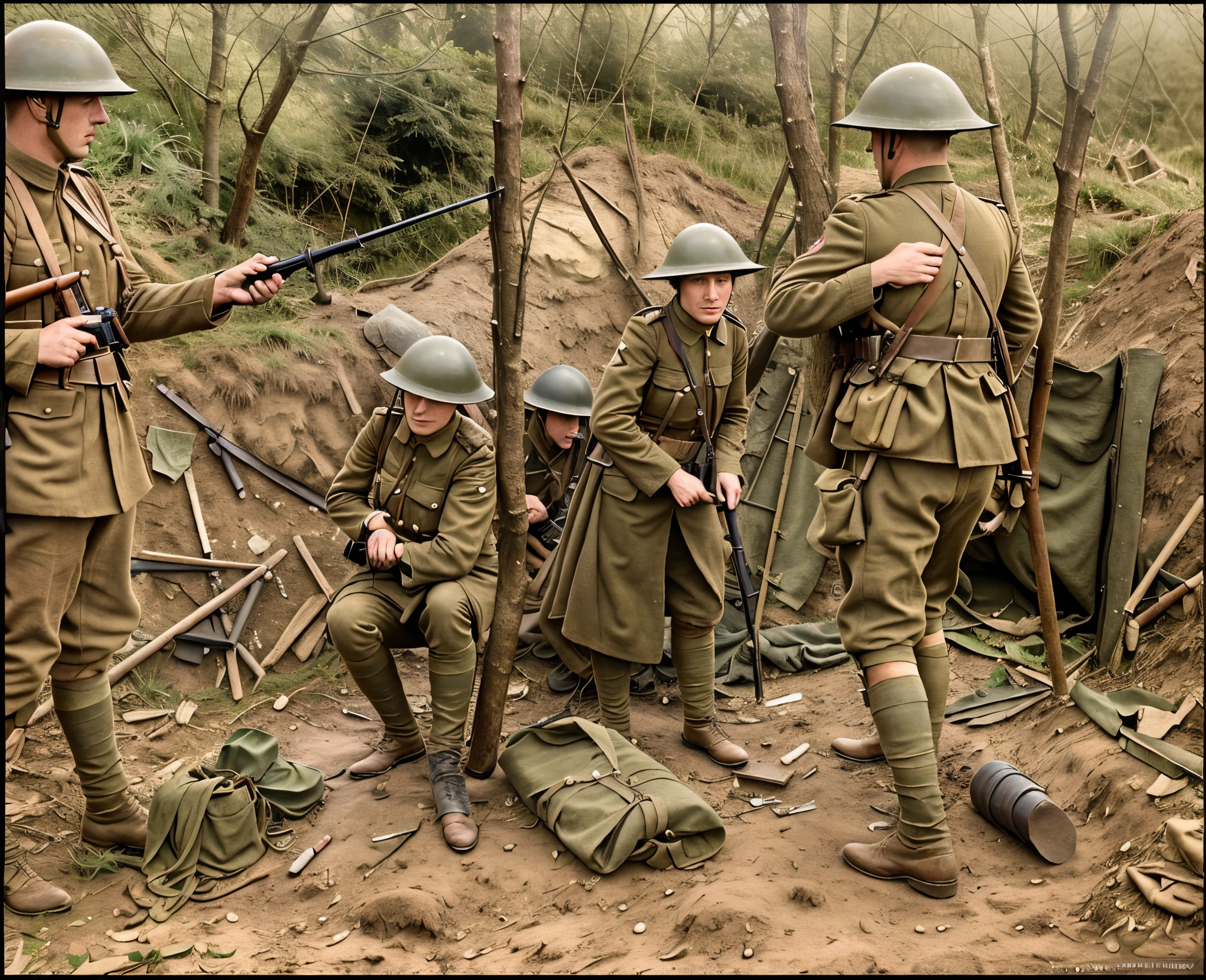 soldiers in uniform standing around a woman in a trench, ww1 film photo, ww1 photo, taken on a ww 1 camera, colourized, fight ww 1, colourised, world war one, ww 1, ww1, ww1 trench, award winning colorized photo, colorized photograph, wwi, first world war, war photo, war photography