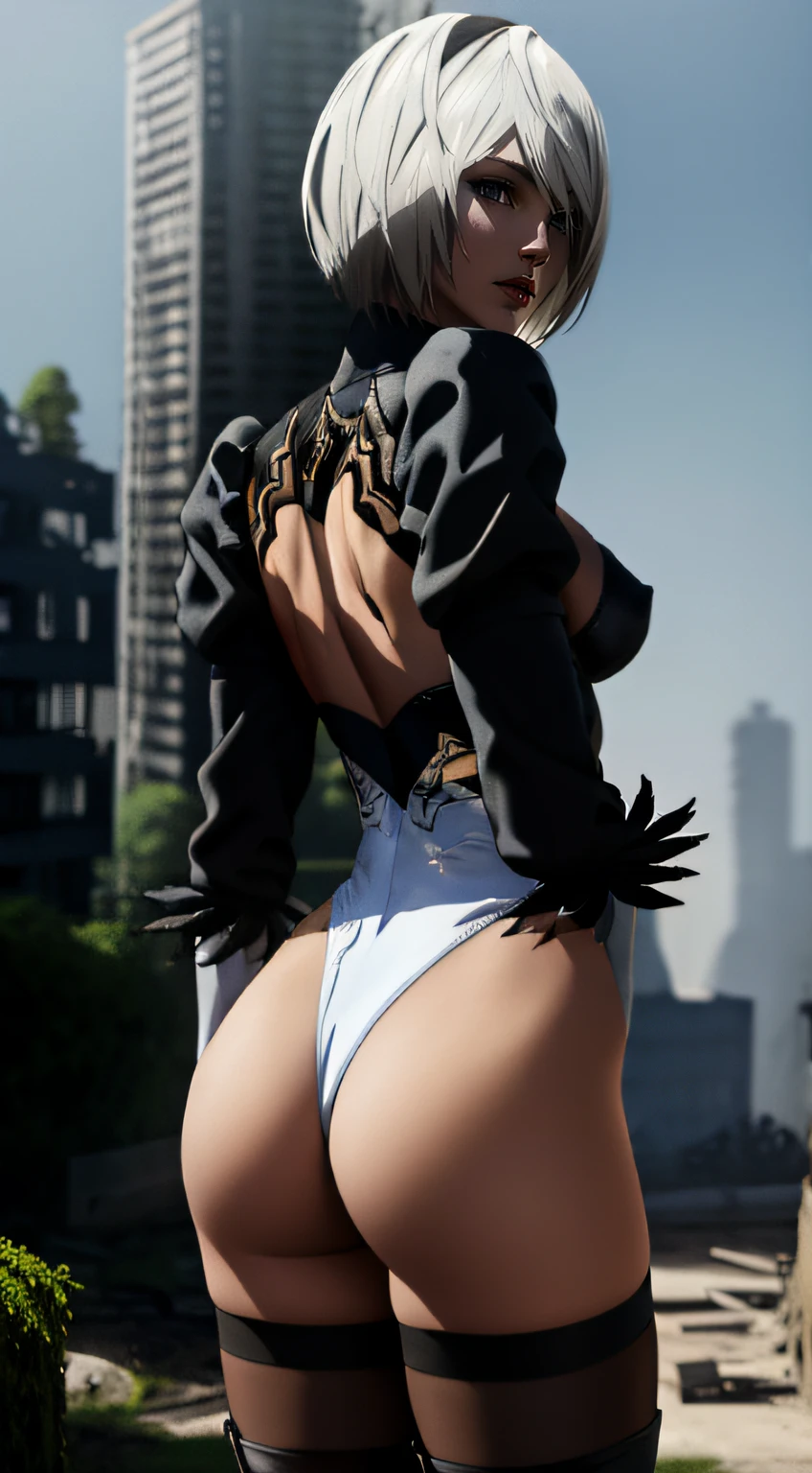 YoRHa type (2B), view from behind, looking over her shoulder, city ruins, overgrown, wasteland, ash coloured hair, light grey eyes, white leotard, black stockings, black high-heeled boots, slender figure, full-length, (NieR Automata), highly detailed official illustration, small breasts, high resolution, photorealistic, perfect lighting, extremely detailed , perfect anatomy,