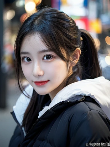 (masterpiece, best quality, photo realistic, official art:1.4), (UHD, 8K quality wallpaper, High resolution, raw photo, film grain:1.2), (shiny skin), professional lighting, physically-based rendering, Award-winning, highly detailed skin, (extremely detailed face and eyes, clear pupils), Carl Zeiss 85 mm F/1.4, depth of field, BREAK, 1girl, solo, kawaii 24-year-old Korean girl, (Nogizaka idol:0.7), (Korean idol:0.9), (glossy straight black hair, high ponytail, forehead:1.3), rounded face, single eyelid, (soft smiling, closed mouth:1.3), (wearing light down jacket:1.3), (skinny jeans, high heels:0.7), (breasts emphasized, well shaped medium breasts:0.8), (looking at viewer), BREAK, at a street in Seoul, winter night, moonlight, (seductive posing, dynamic angle:1.3), upper body shot,