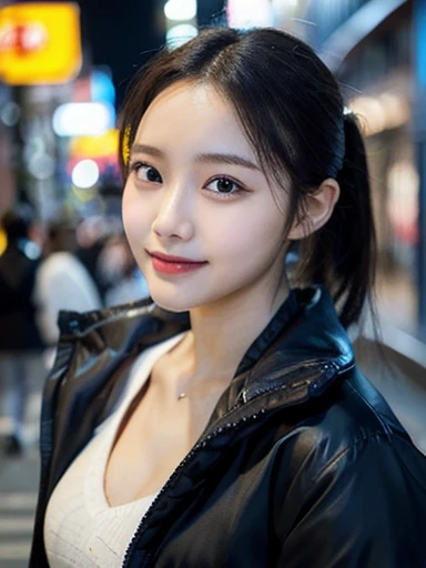 (masterpiece, best quality, photo realistic, official art:1.4), (UHD, 8K quality wallpaper, High resolution, raw photo, film grain:1.2), (shiny skin), professional lighting, physically-based rendering, Award-winning, highly detailed skin, (extremely detailed face and eyes, clear pupils), Carl Zeiss 85 mm F/1.4, depth of field, BREAK, 1girl, solo, kawaii 24-year-old Korean girl, (Nogizaka idol:0.7), (Korean idol:0.9), (glossy straight black hair, high ponytail, forehead:1.3), rounded face, single eyelid, (soft smiling, closed mouth:1.3), (wearing light down jacket:1.3), (skinny jeans, high heels:0.7), (breasts emphasized, well shaped medium breasts:0.8), (looking at viewer), BREAK, at a street in Seoul, winter night, moonlight, (seductive posing, dynamic angle:1.3), upper body shot,