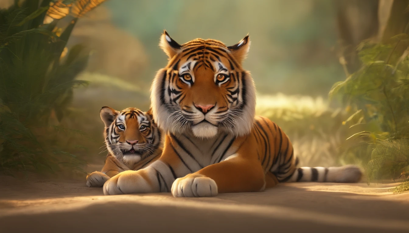 A happy boy of Jesus Christ playing and ruining with big tigers, fundo branco, barnet, Tom, Estilo Pixar, ..3d, desenhos animados, rosto detalhado, asymmetrical 16k