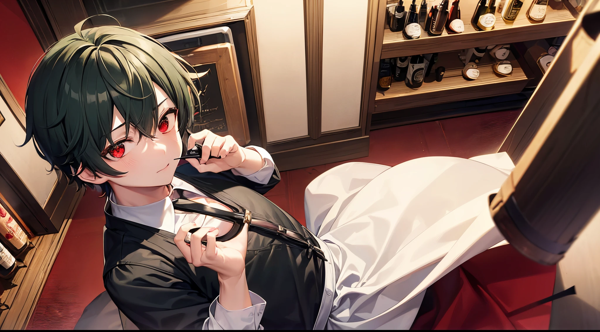 1boy, alcohol, apron, black apron, blood, bottle, red eyes, cup, drinking glass, dark green hair, holding, indoors, looking at viewer, male focus, mask, dragon mask, shirt, short, sleeves, solo, white shirt, wine, wine bottle, wine glass, brutal, maniac, white background